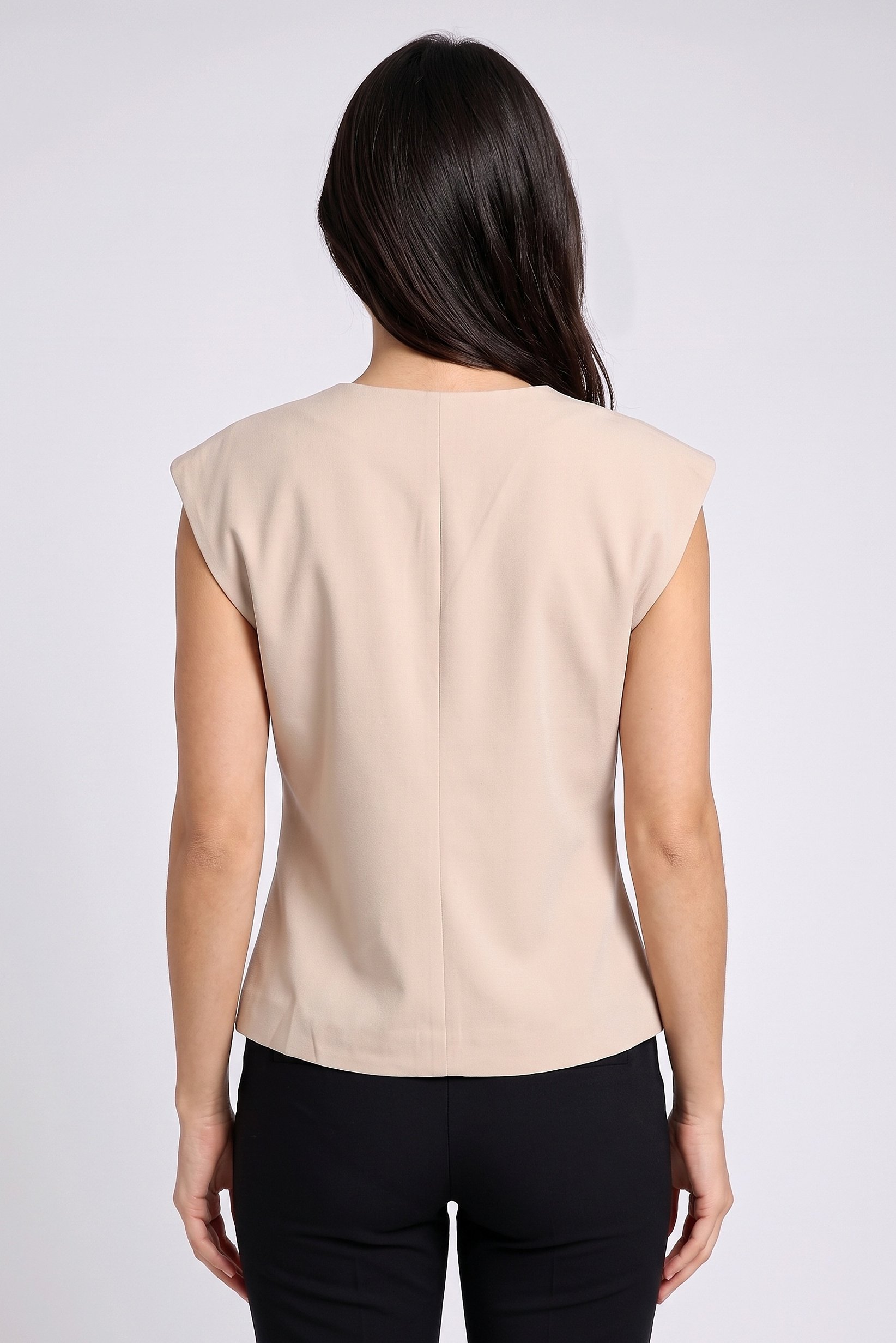 Women V-Neck Short Sleeve Plain Top, Beige