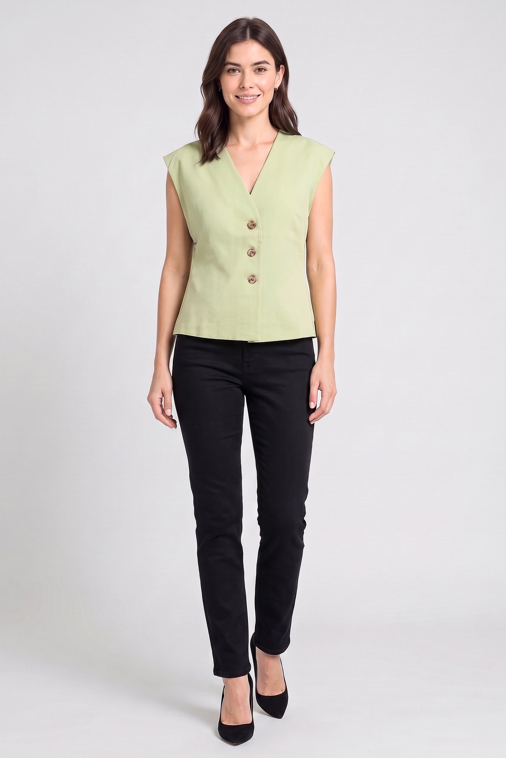 Women V-Neck Short Sleeve Plain Top, Olive