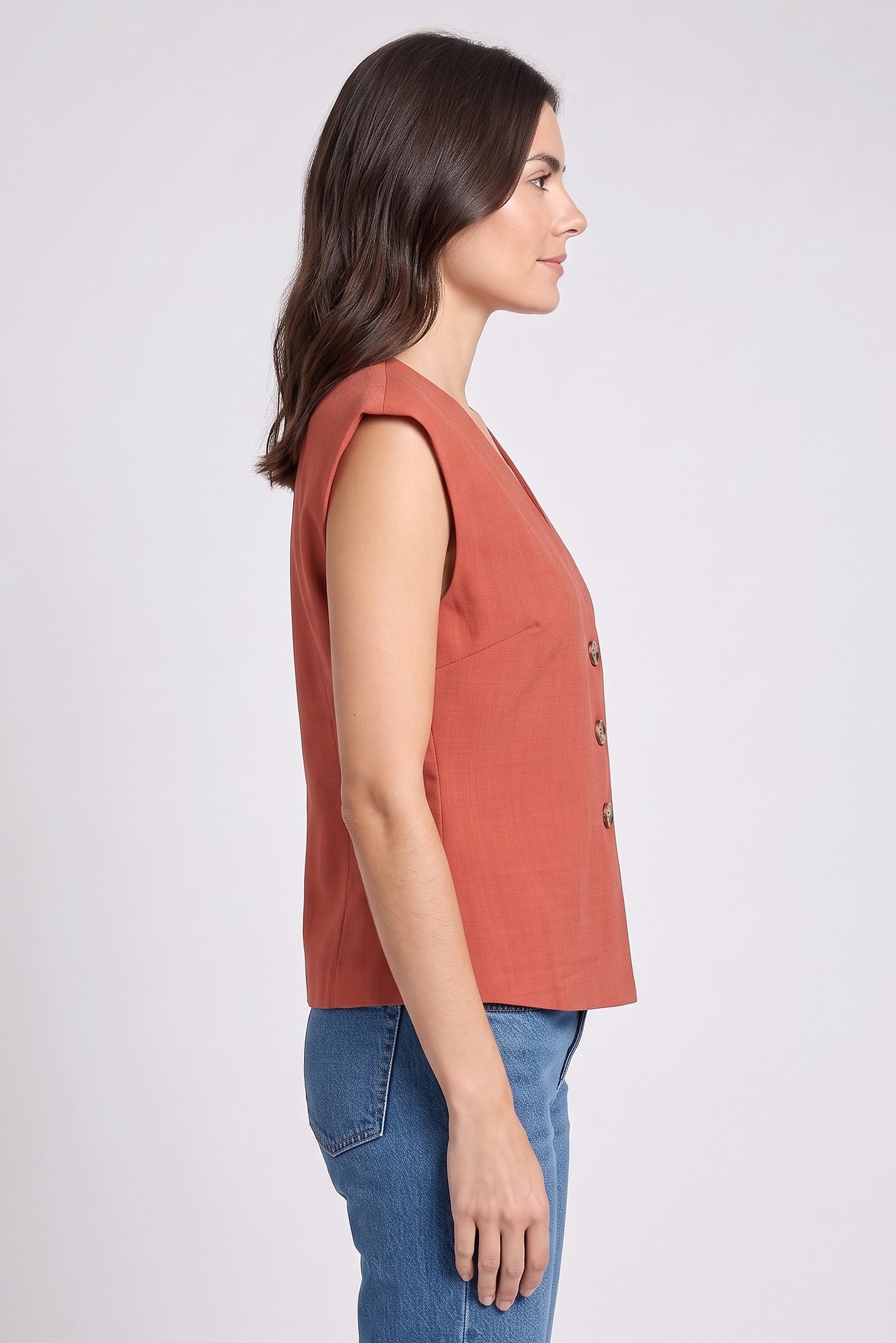 Women V-Neck Cap Sleeve Plain Top, Rust
