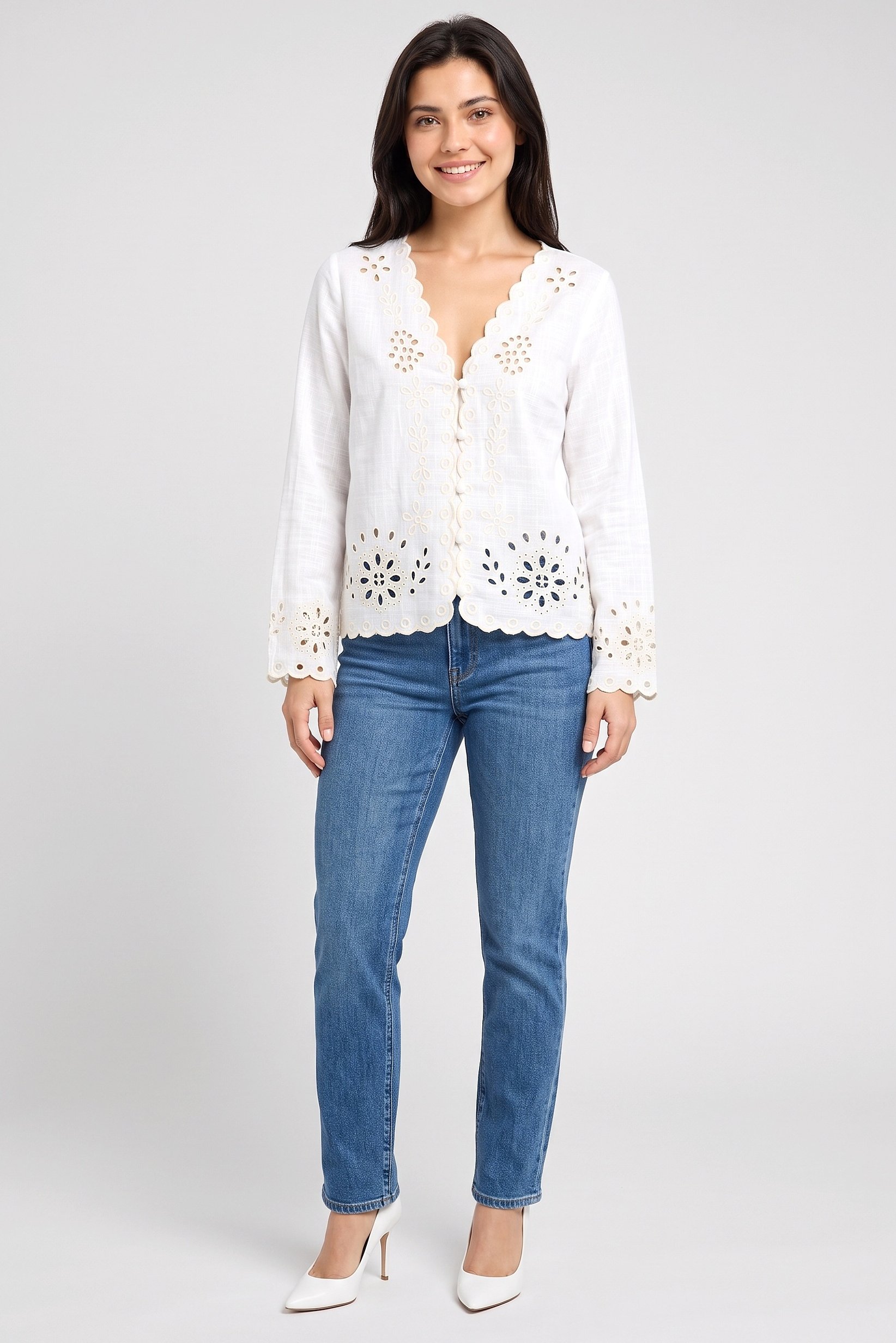 Women V-Neck Long Sleeve Embroidered Shirt, Beige