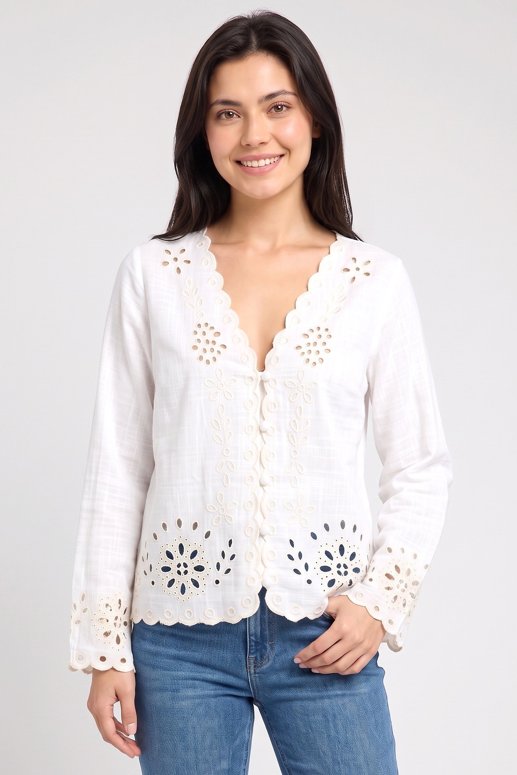 Women V-Neck Long Sleeve Embroidered Shirt, Beige