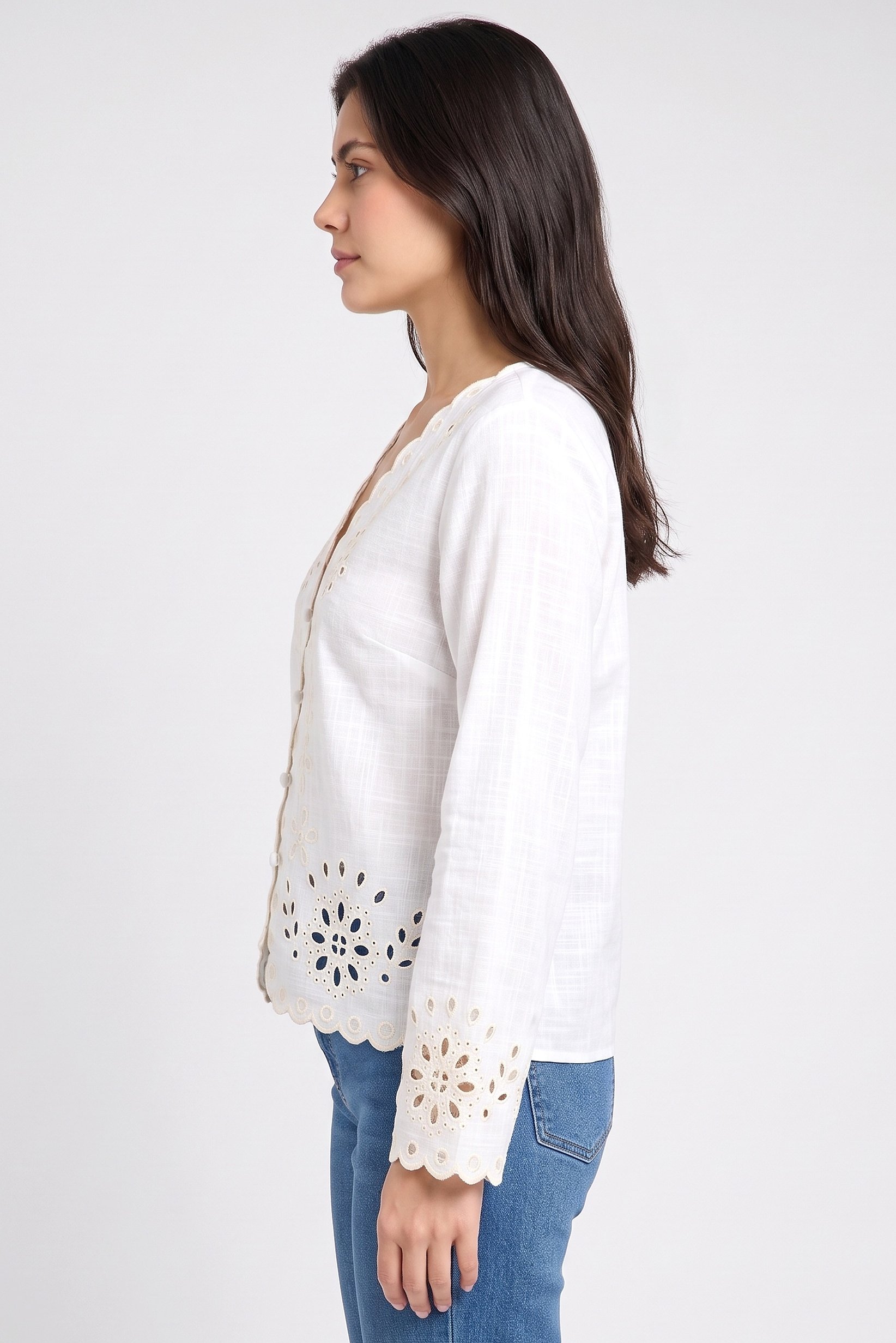 Women V-Neck Long Sleeve Embroidered Shirt, Beige