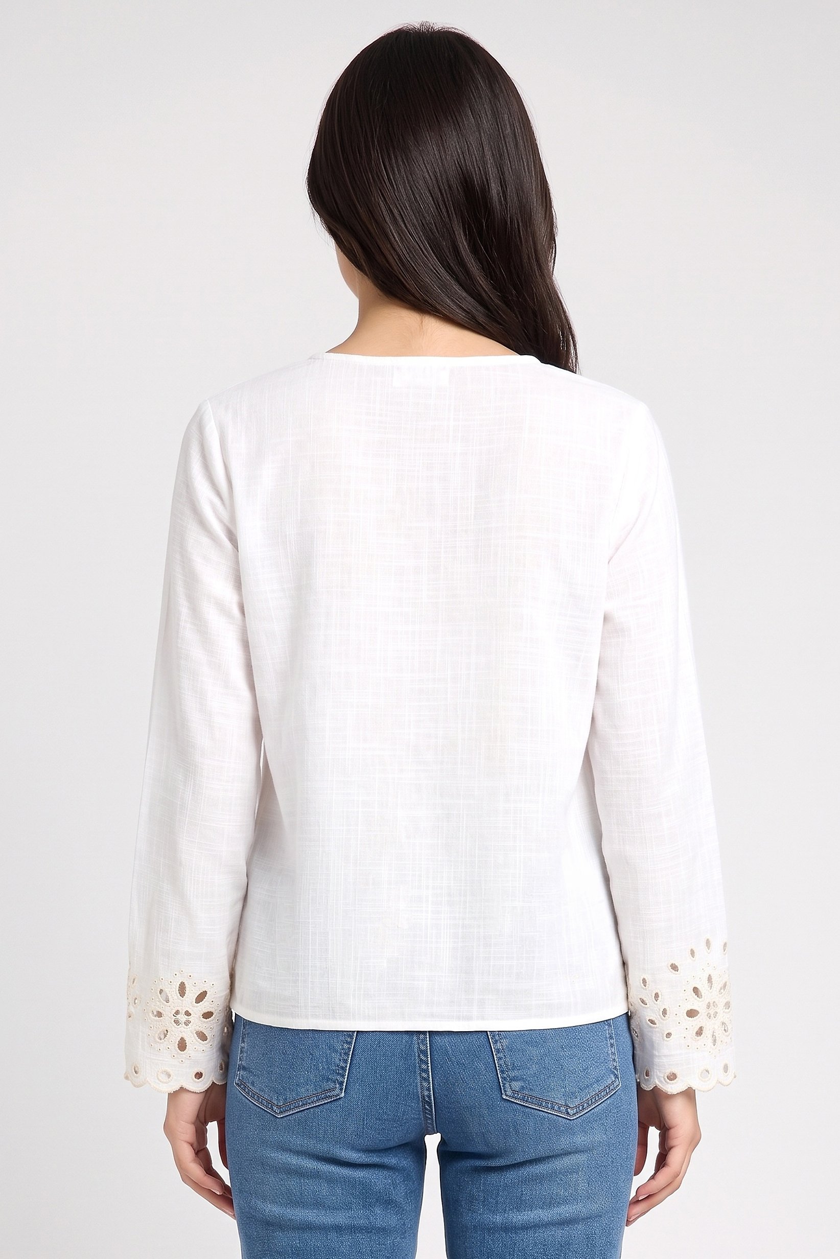 Women V-Neck Long Sleeve Embroidered Shirt, Beige