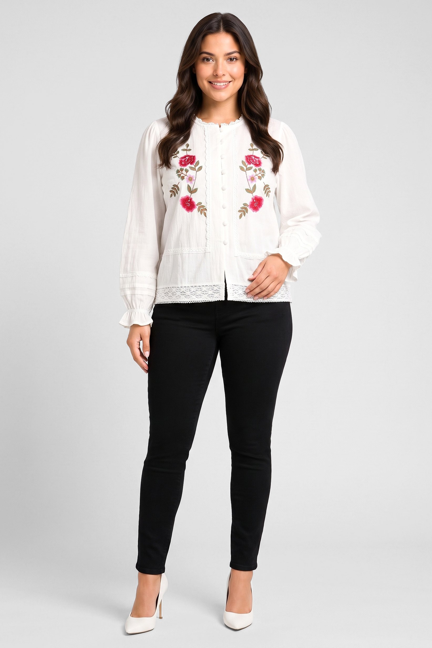 Women Ruffle Neck Embroidered Long Sleeve Shirt, White