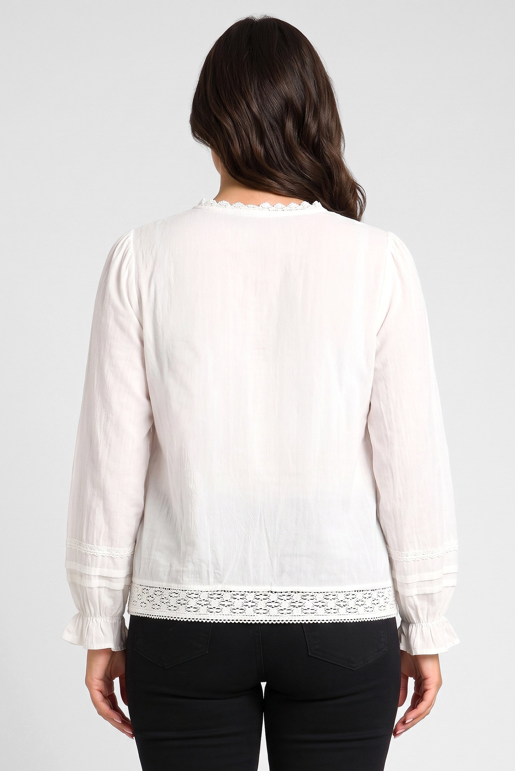 Women Ruffle Neck Embroidered Long Sleeve Shirt, White
