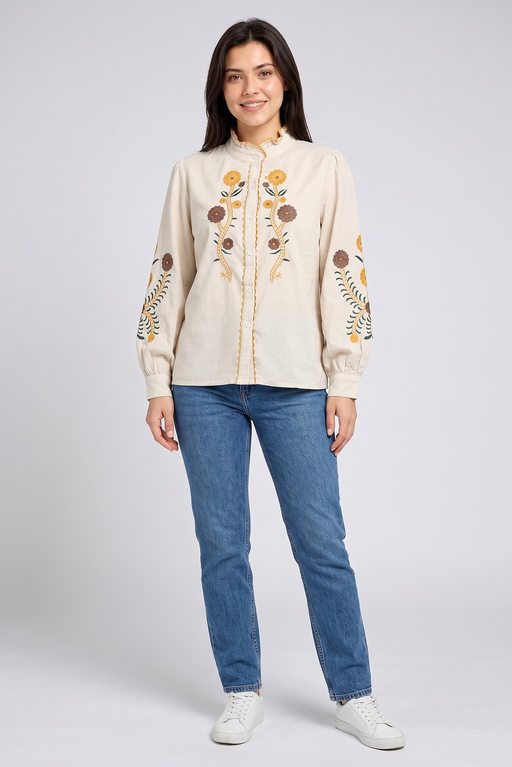Women Ruffle Neck Embroidered Long Sleeve Shirt, Beige