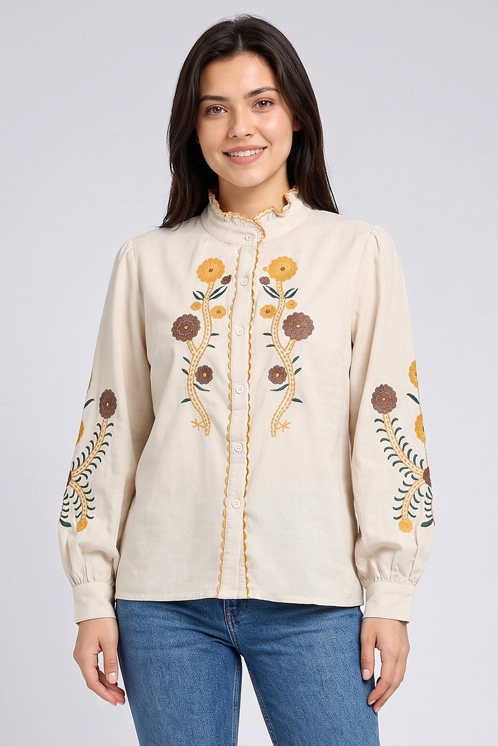 Women Ruffle Neck Embroidered Long Sleeve Shirt, Beige