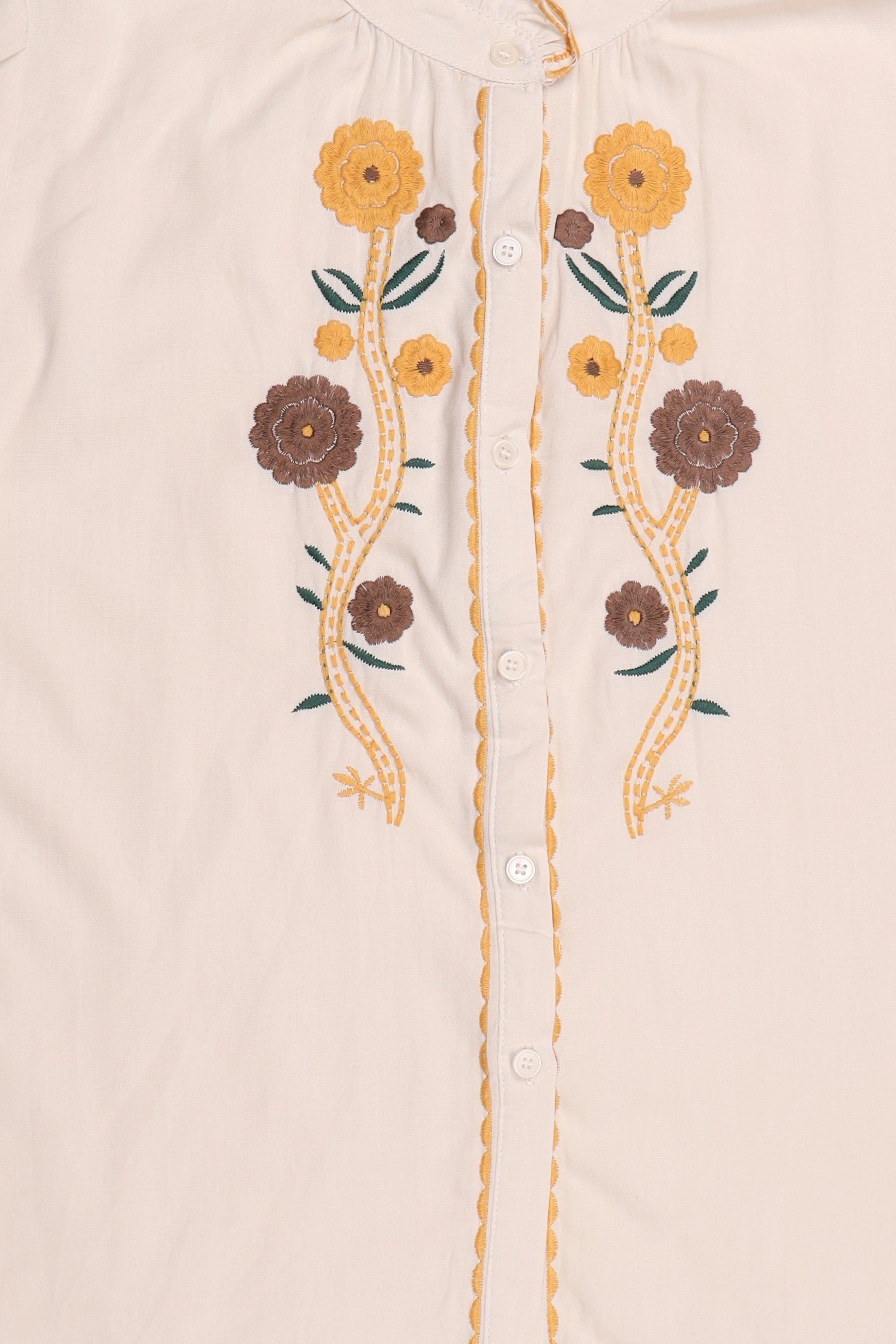 Women Ruffle Neck Embroidered Long Sleeve Shirt, Beige