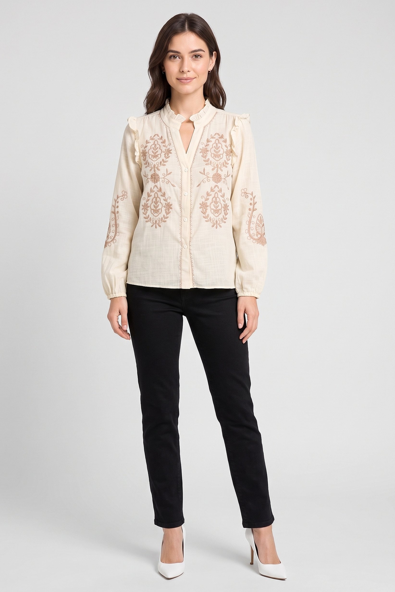 Women V-Neck Embroidered Long Sleeve Blouse, Beige