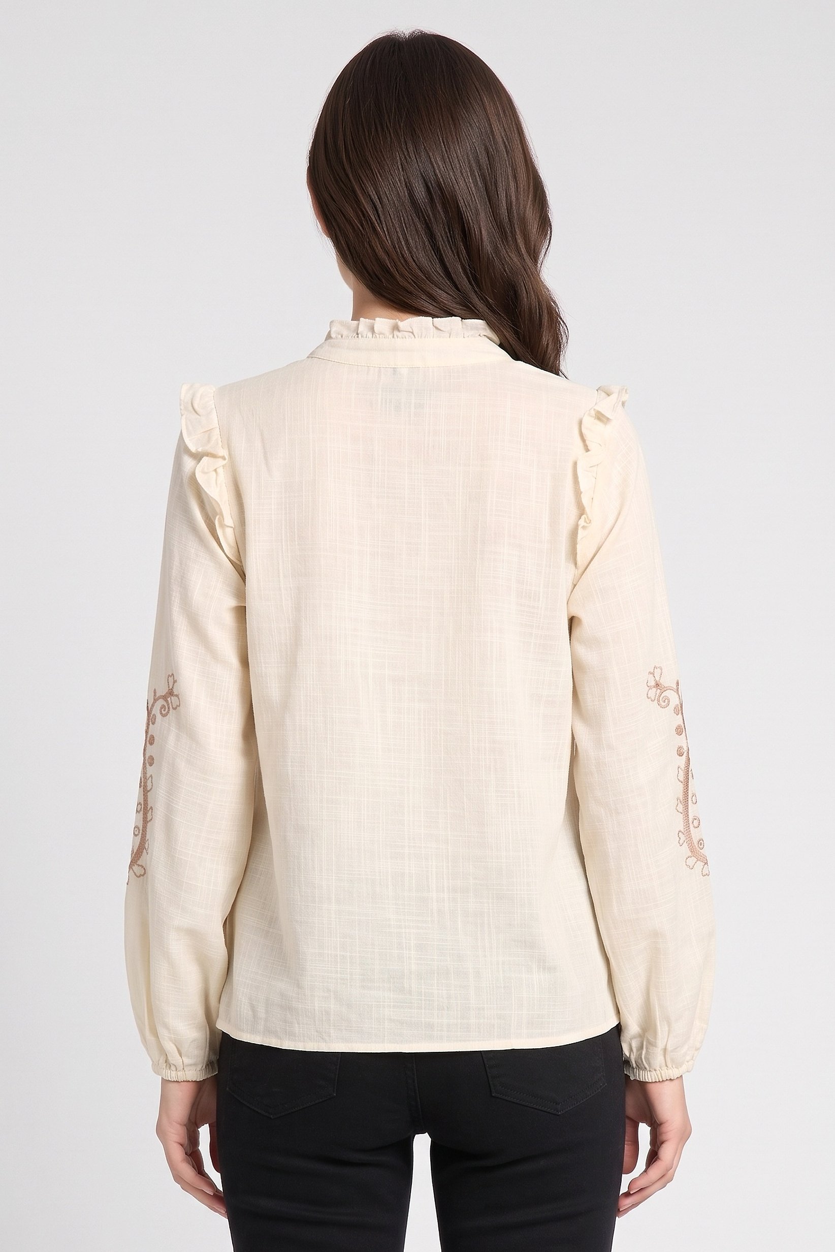 Women V-Neck Embroidered Long Sleeve Blouse, Beige