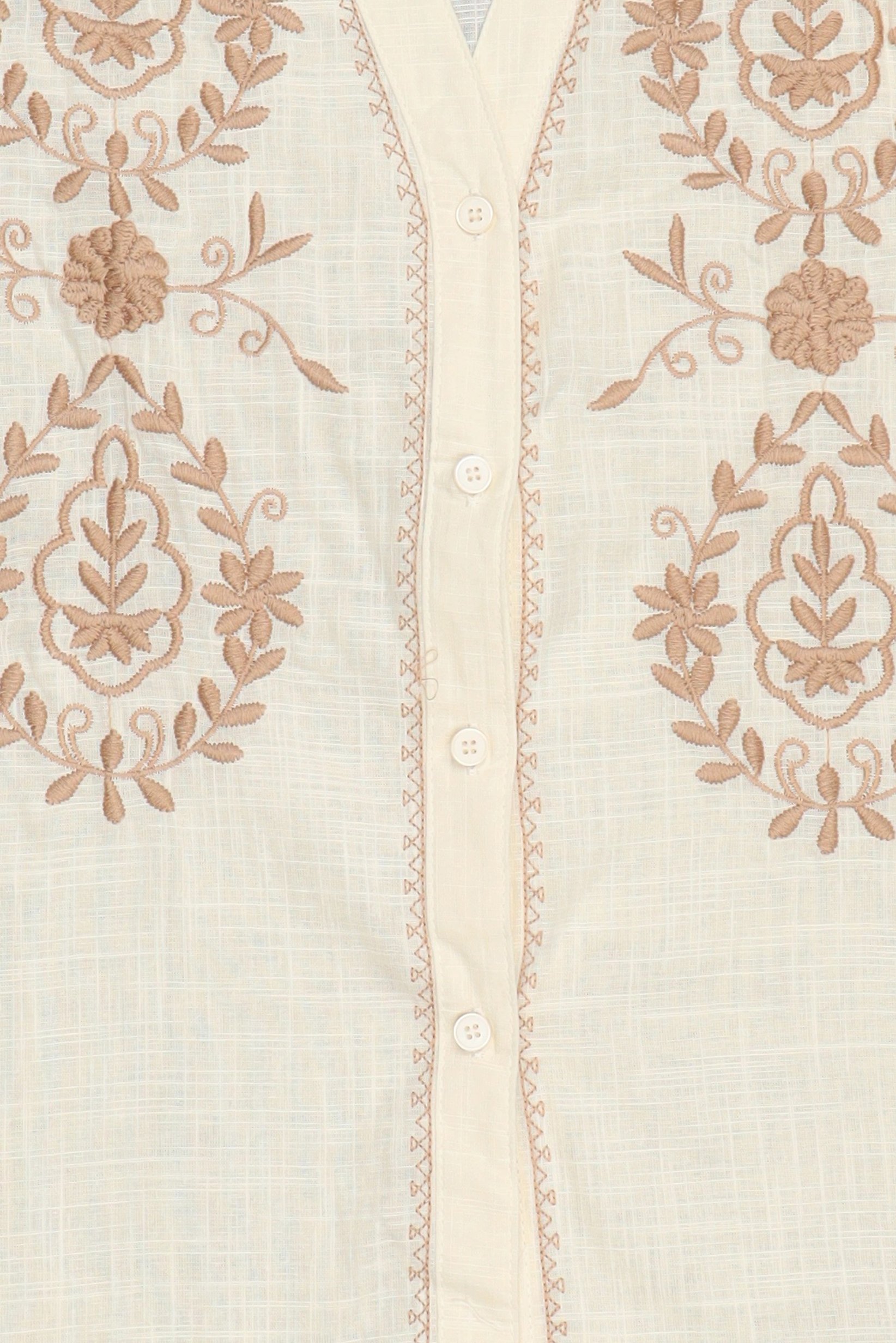 Women V-Neck Embroidered Long Sleeve Blouse, Beige