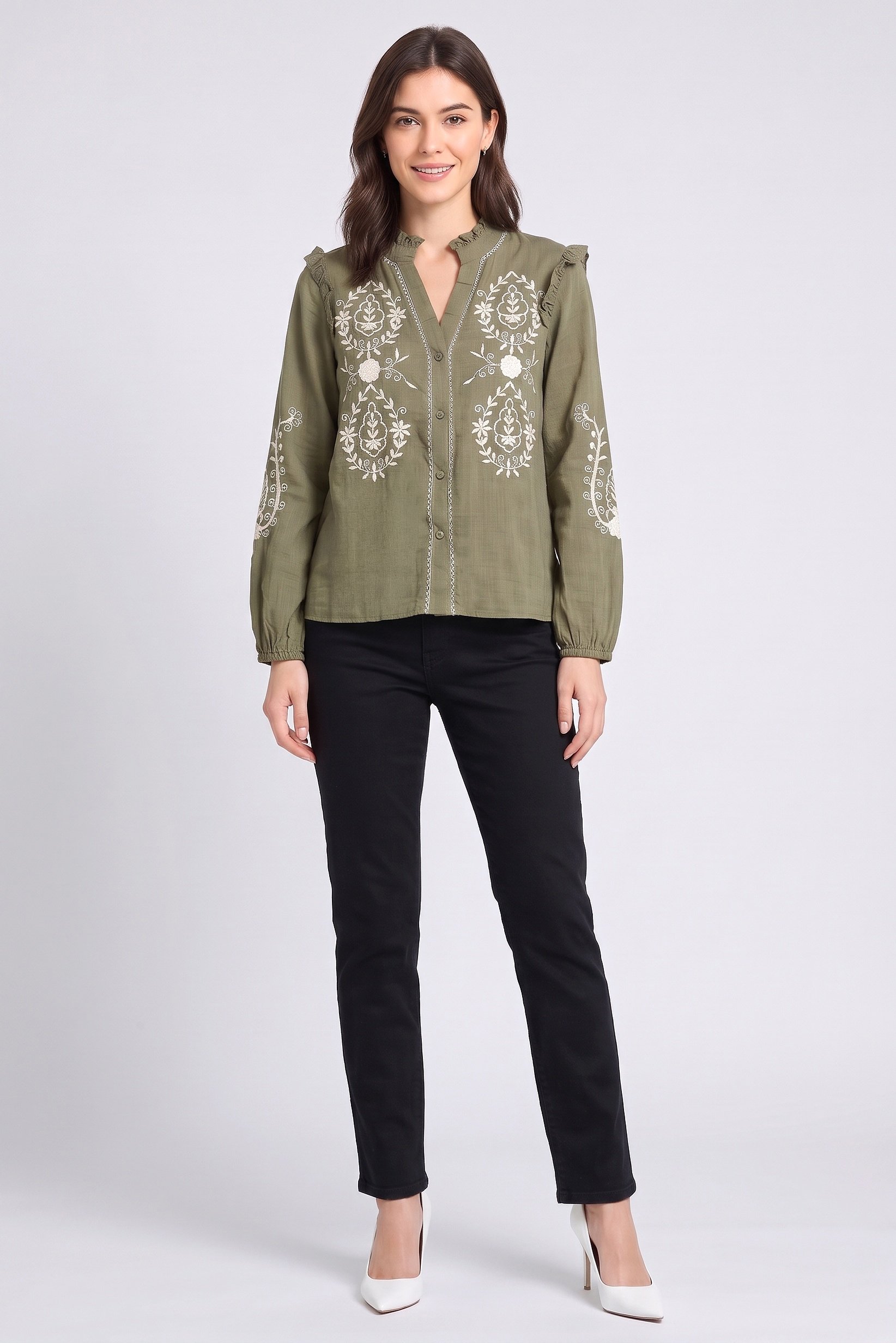 Women V-Neck Embroidered Long Sleeve Blouse, Olive