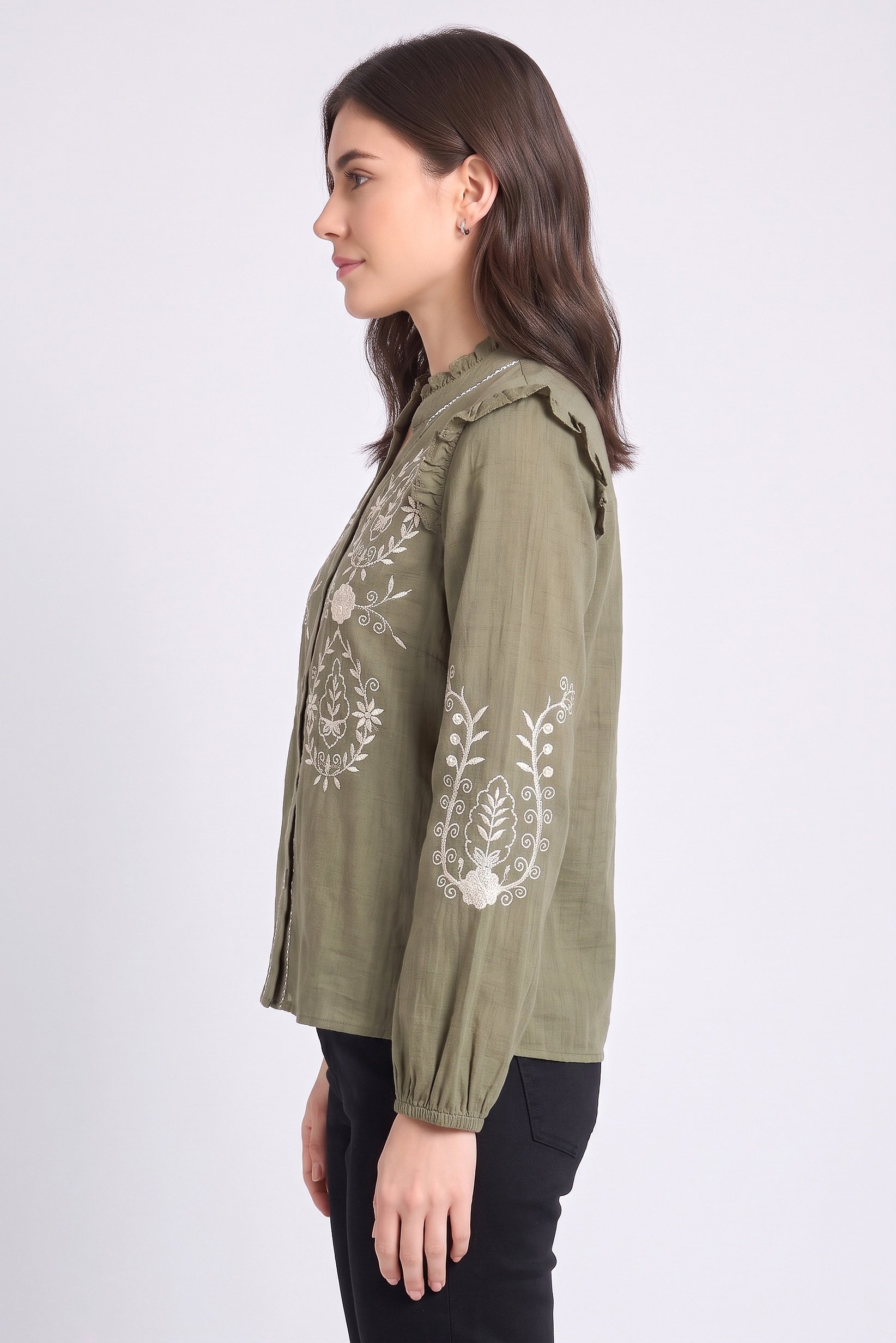 Women V-Neck Embroidered Long Sleeve Blouse, Olive