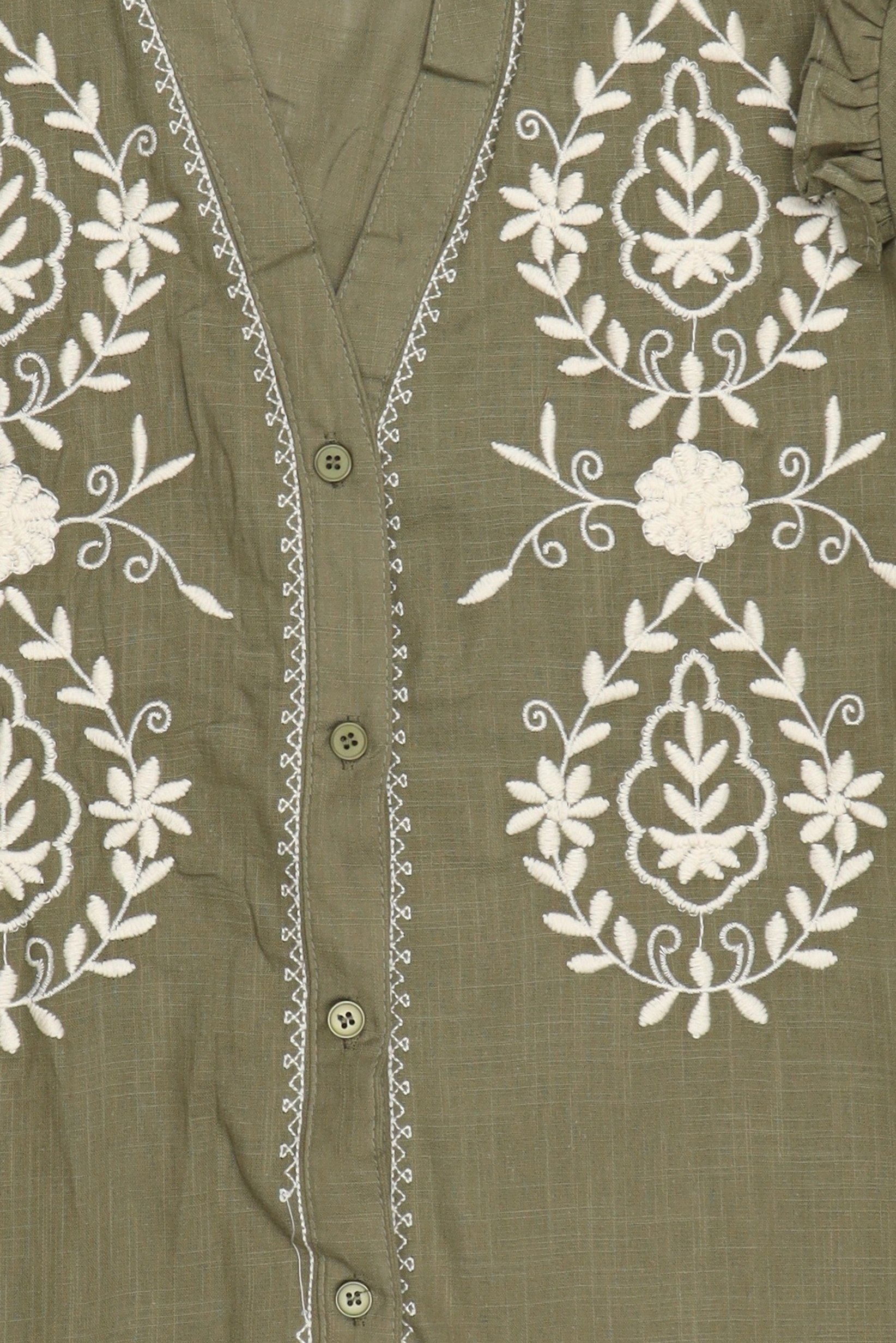 Women V-Neck Embroidered Long Sleeve Blouse, Olive