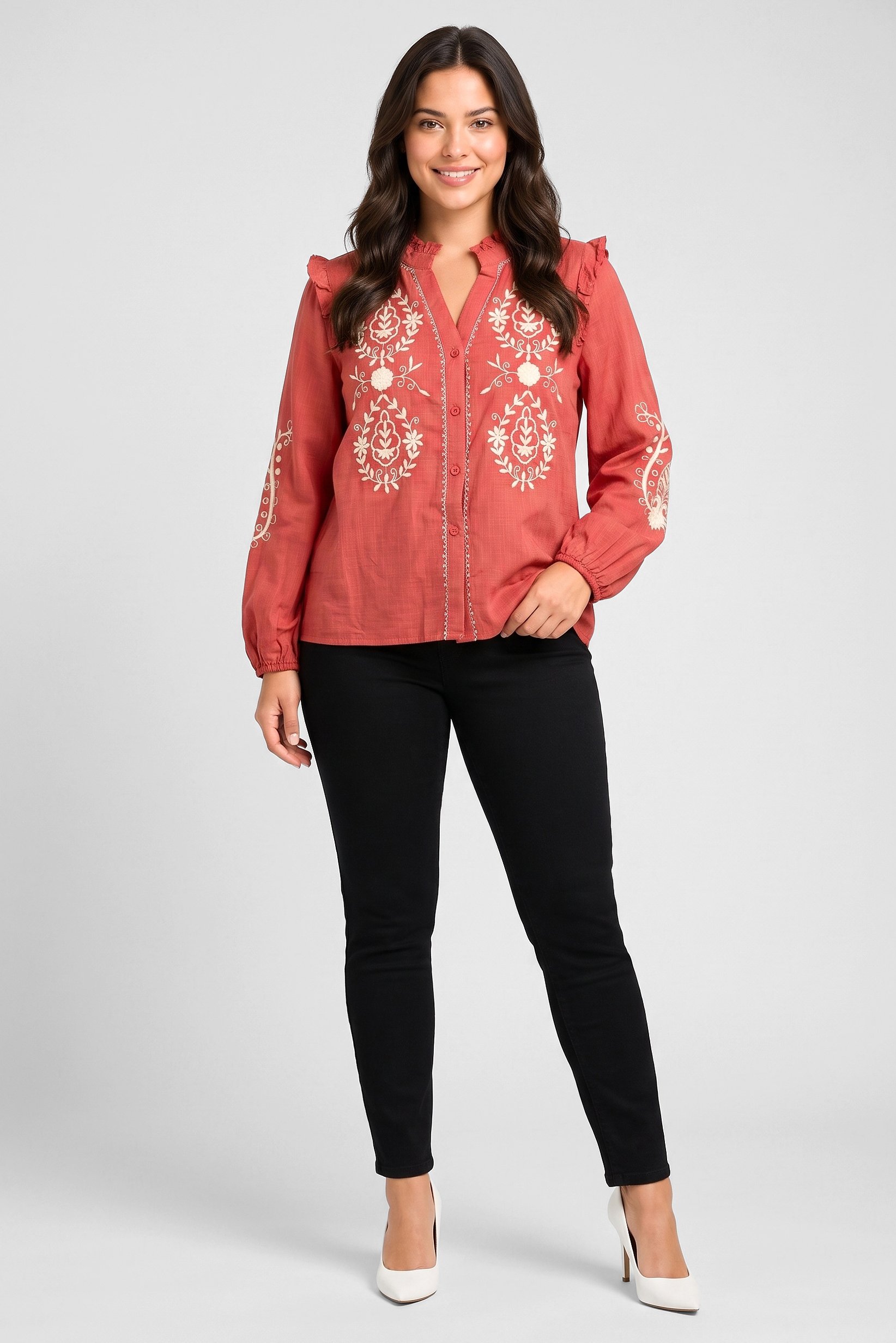 Women Ruffle Neck Long Sleeve Embroidered Shirt, Maroon