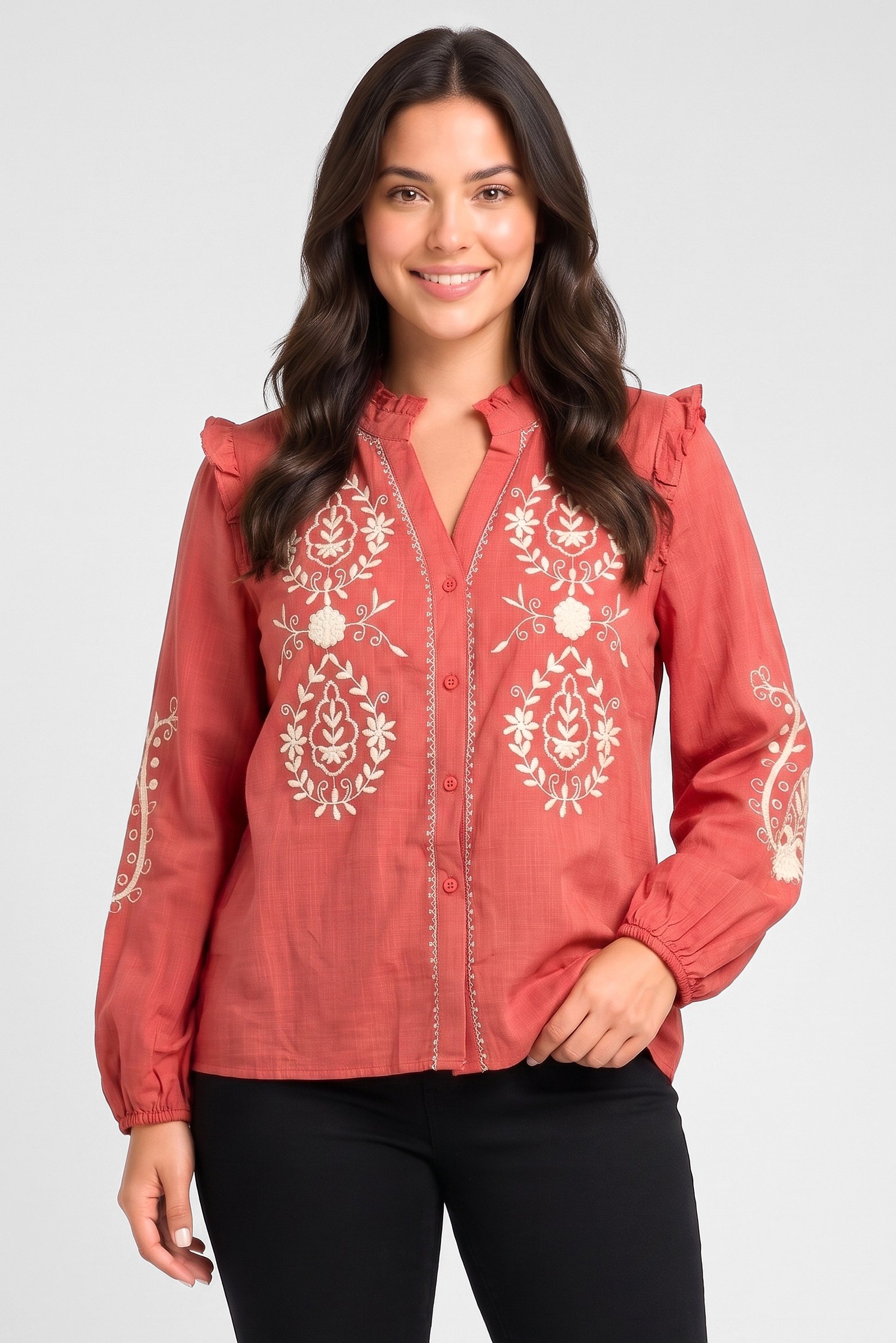 Women Ruffle Neck Long Sleeve Embroidered Shirt, Maroon