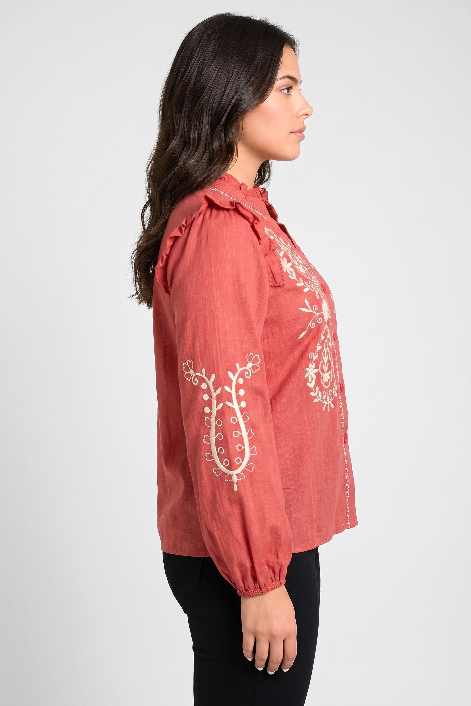 Women Ruffle Neck Long Sleeve Embroidered Shirt, Maroon