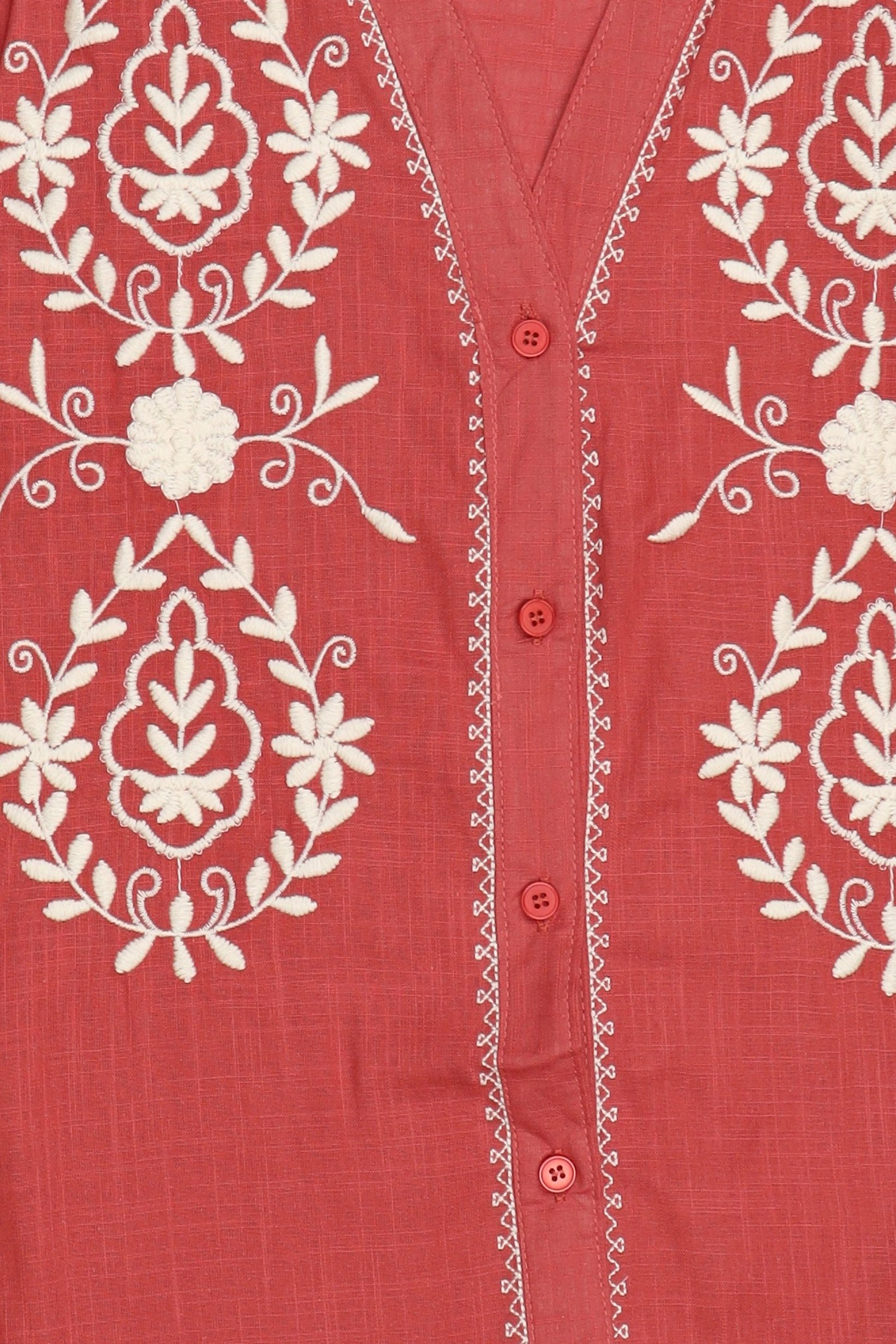 Women Ruffle Neck Long Sleeve Embroidered Shirt, Maroon