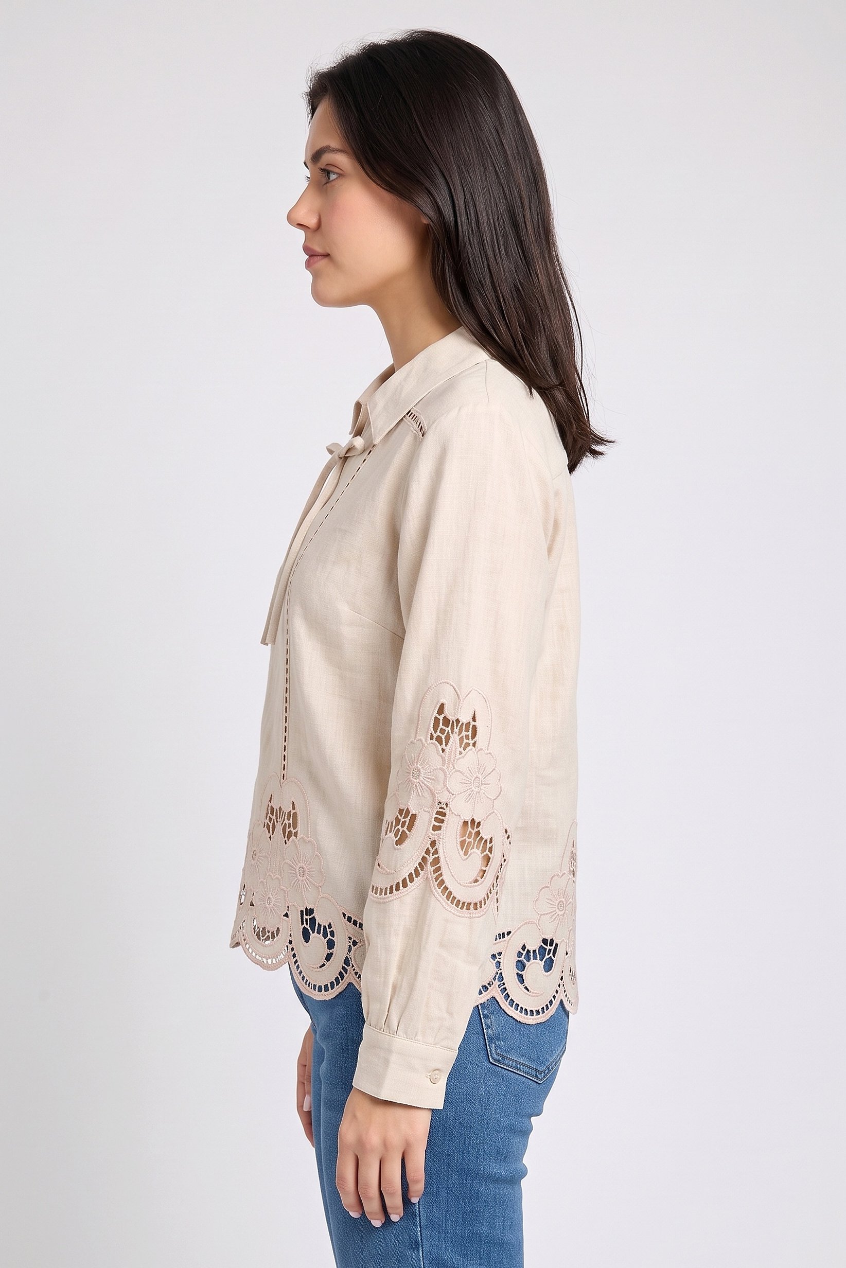 Women Tie Neckline Long Sleeve Embroidered Blouse, Beige