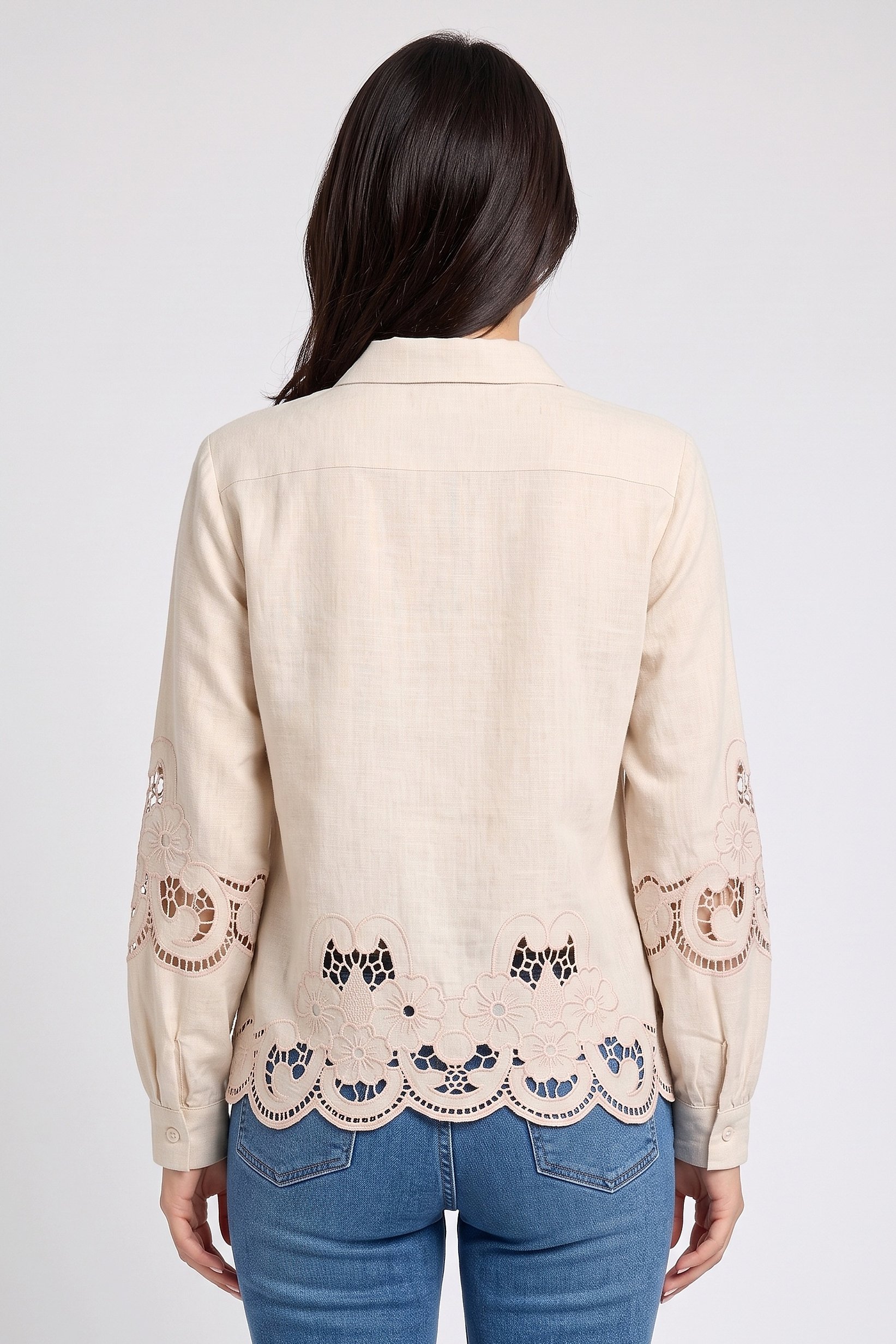 Women Tie Neckline Long Sleeve Embroidered Blouse, Beige