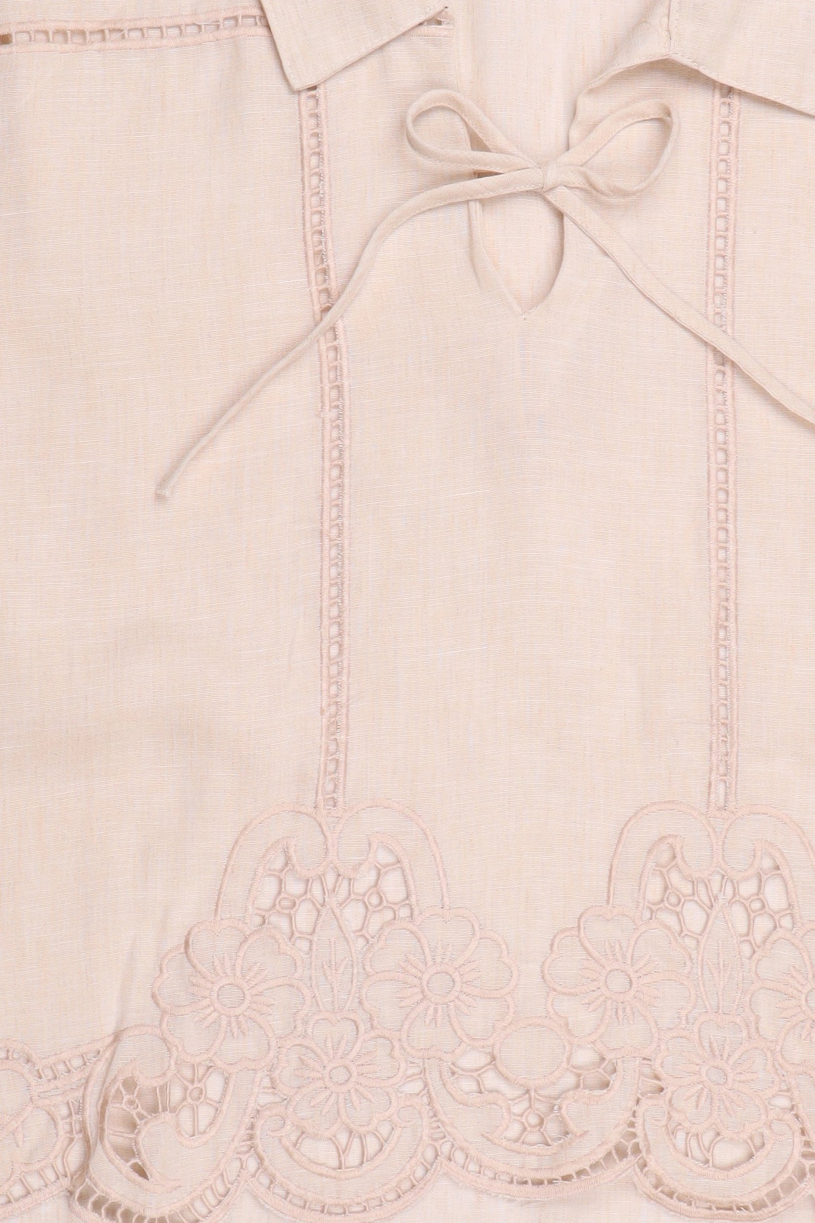 Women Tie Neckline Long Sleeve Embroidered Blouse, Beige