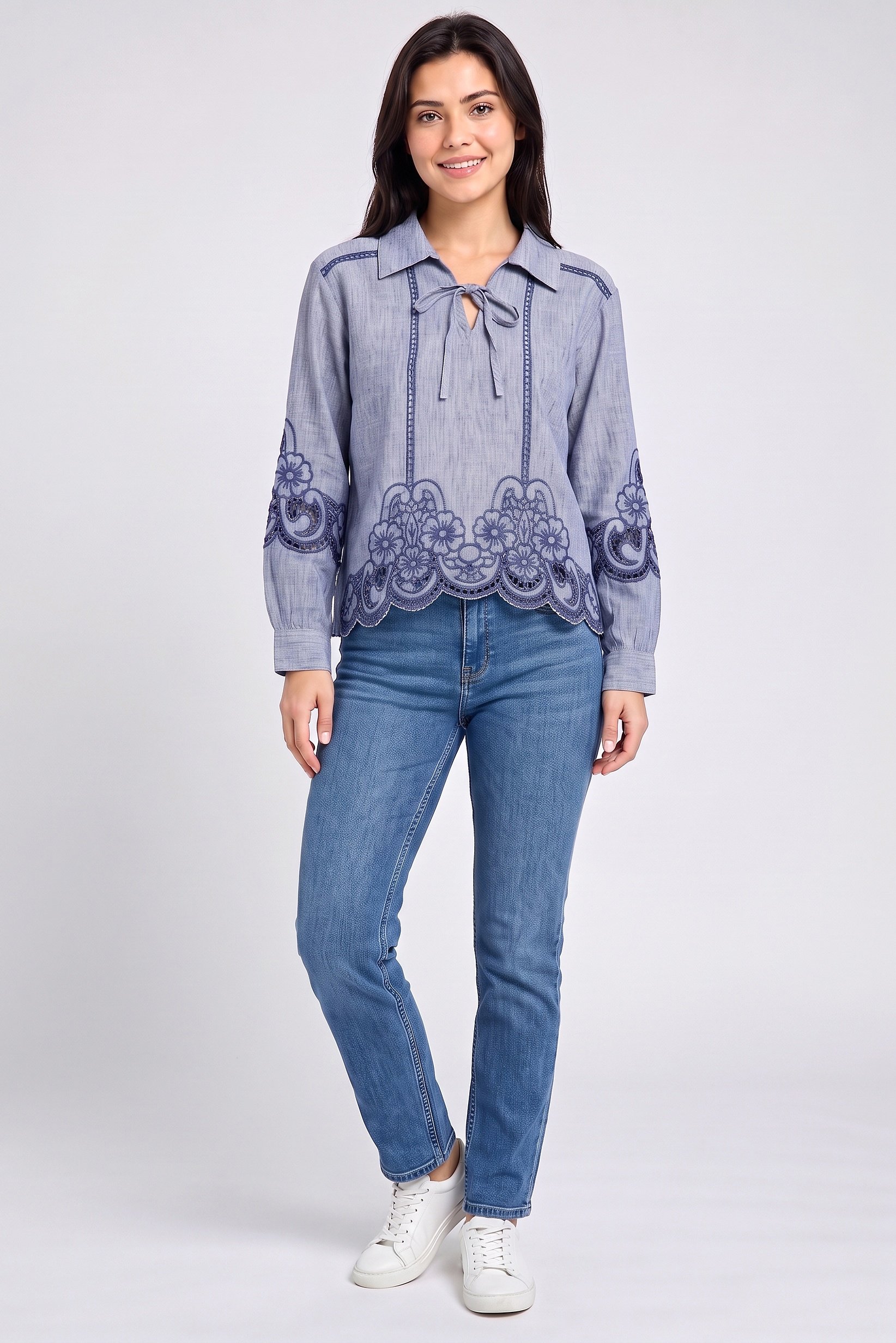 Women Spread Collar Long Sleeve Embroidered Shirt, Heather Blue