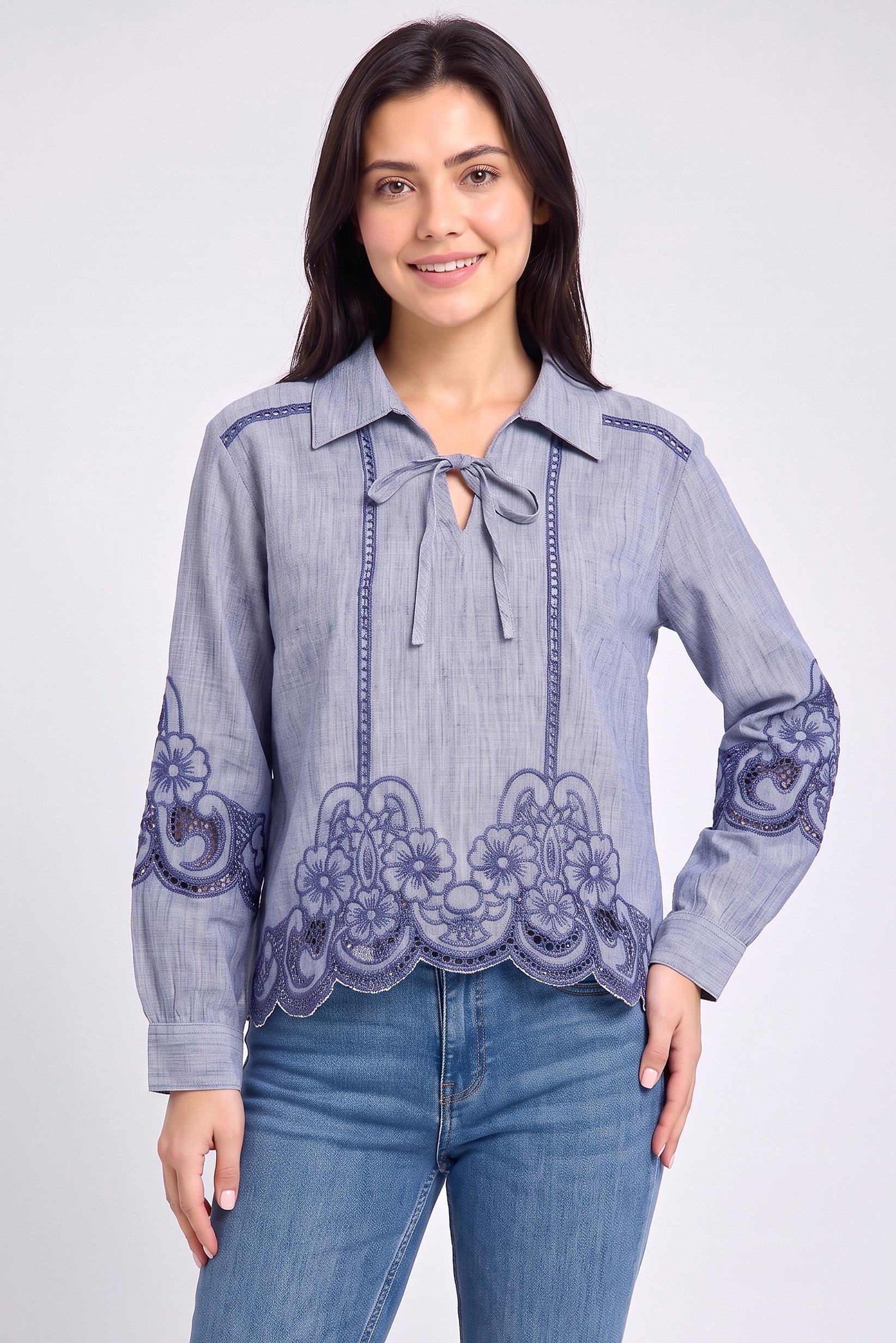 Women Spread Collar Long Sleeve Embroidered Shirt, Heather Blue