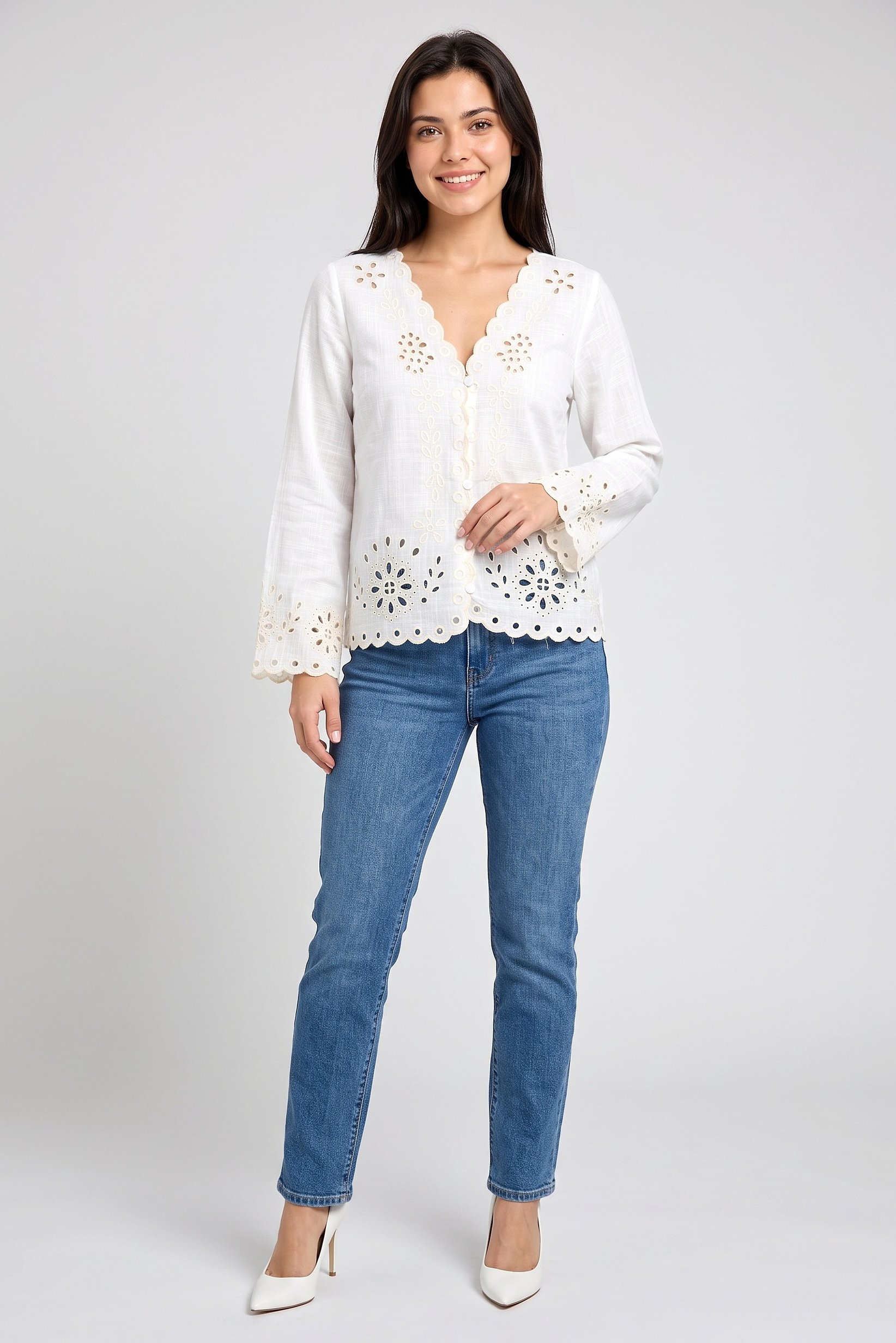 Women V-Neck Long Sleeve Embroidered Blouse, White