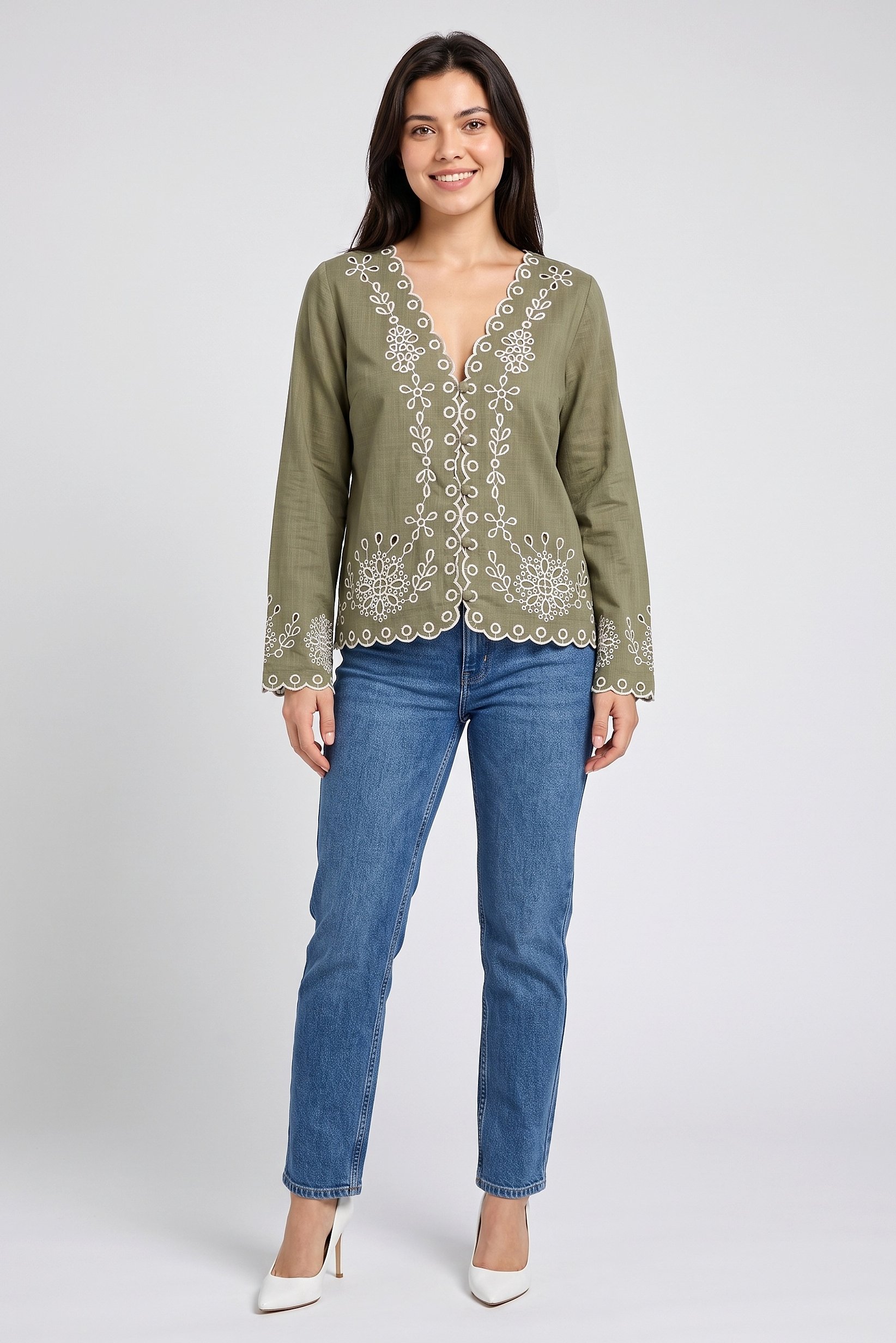 Women V-Neck Embroidered Long Sleeve Blouse, Olive
