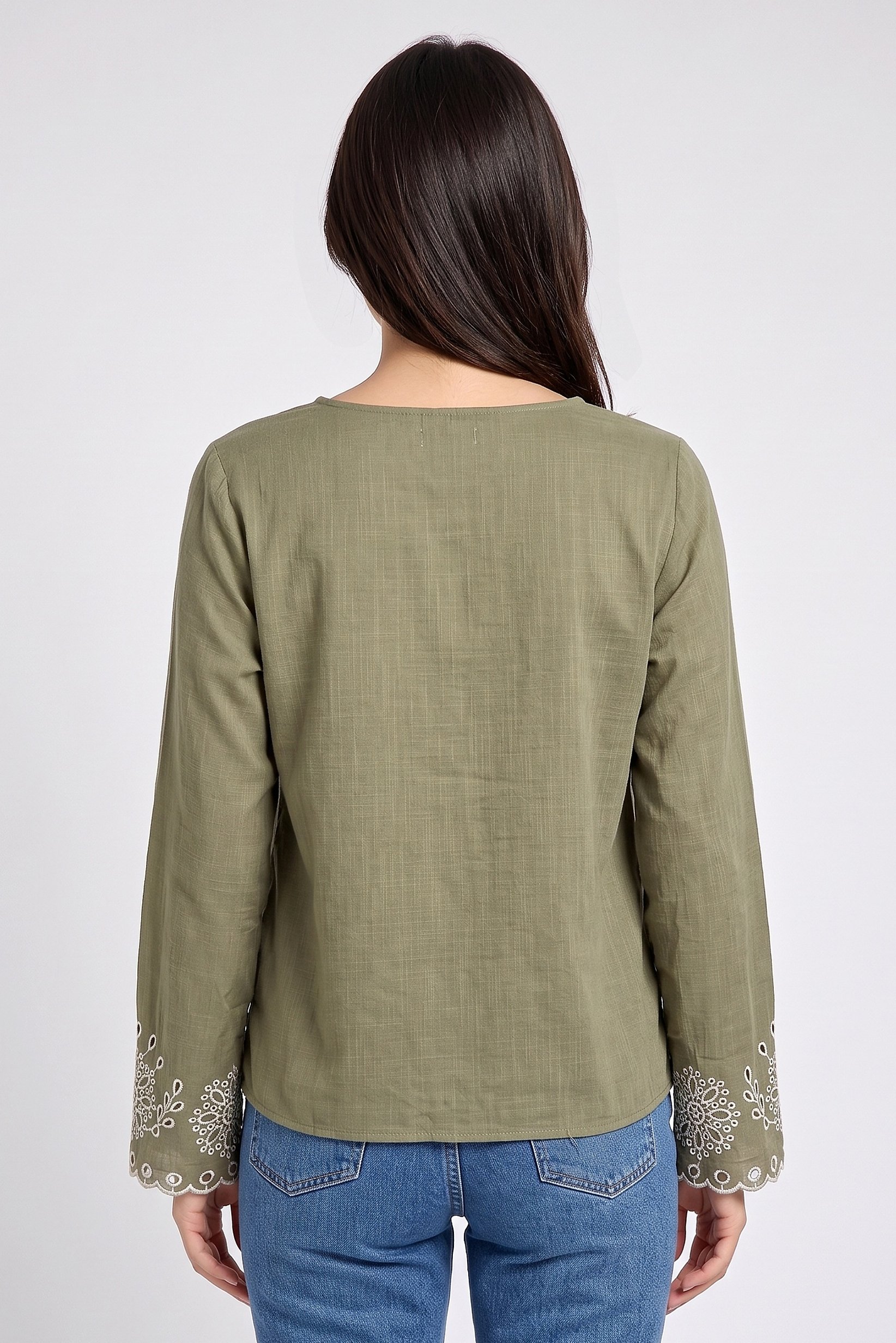 Women V-Neck Embroidered Long Sleeve Blouse, Olive