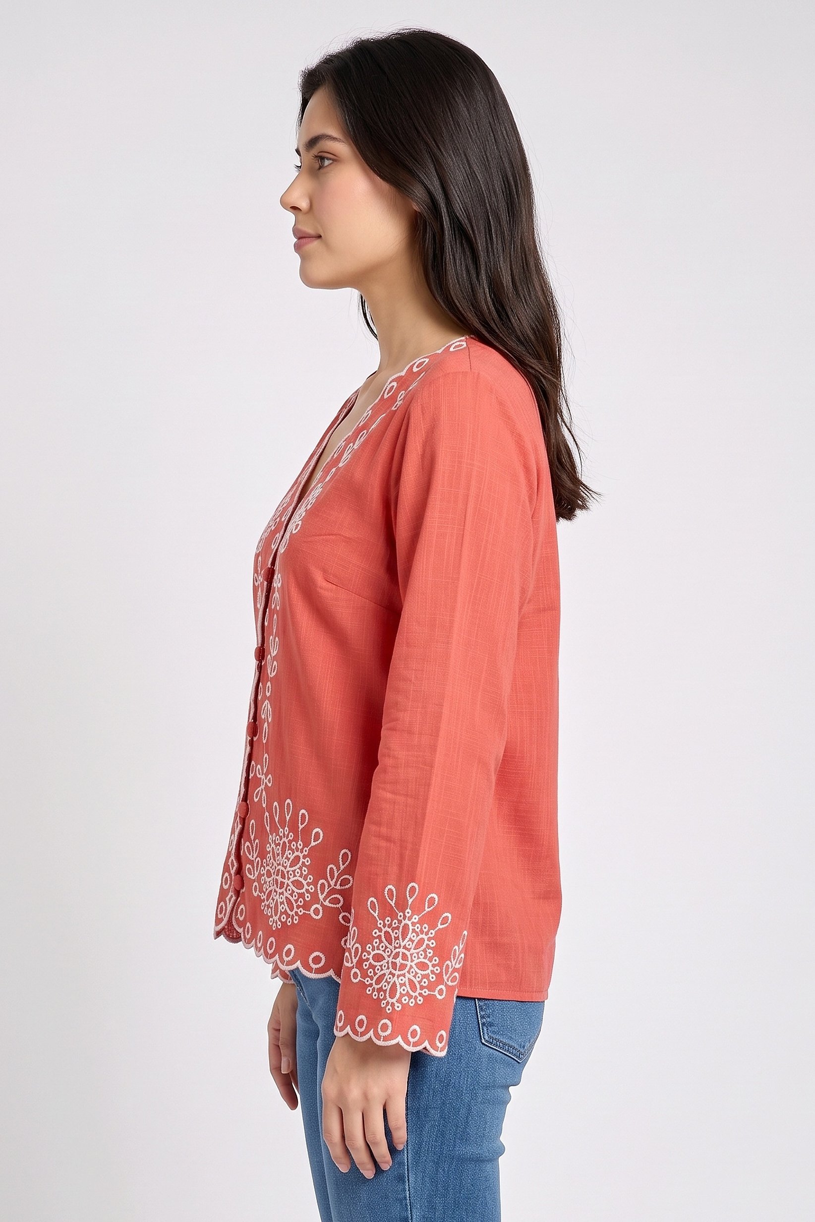 Women V-Neck Long Sleeve Embroidered Top, Brown