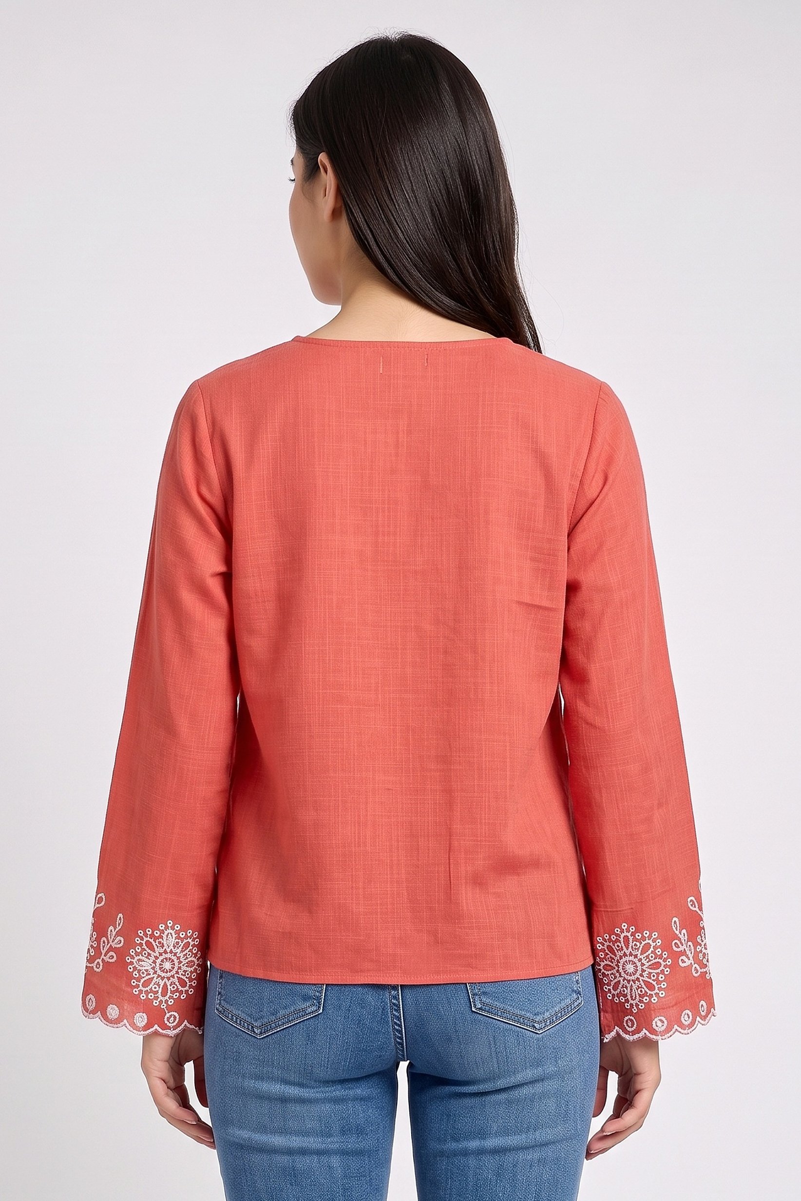 Women V-Neck Long Sleeve Embroidered Top, Brown