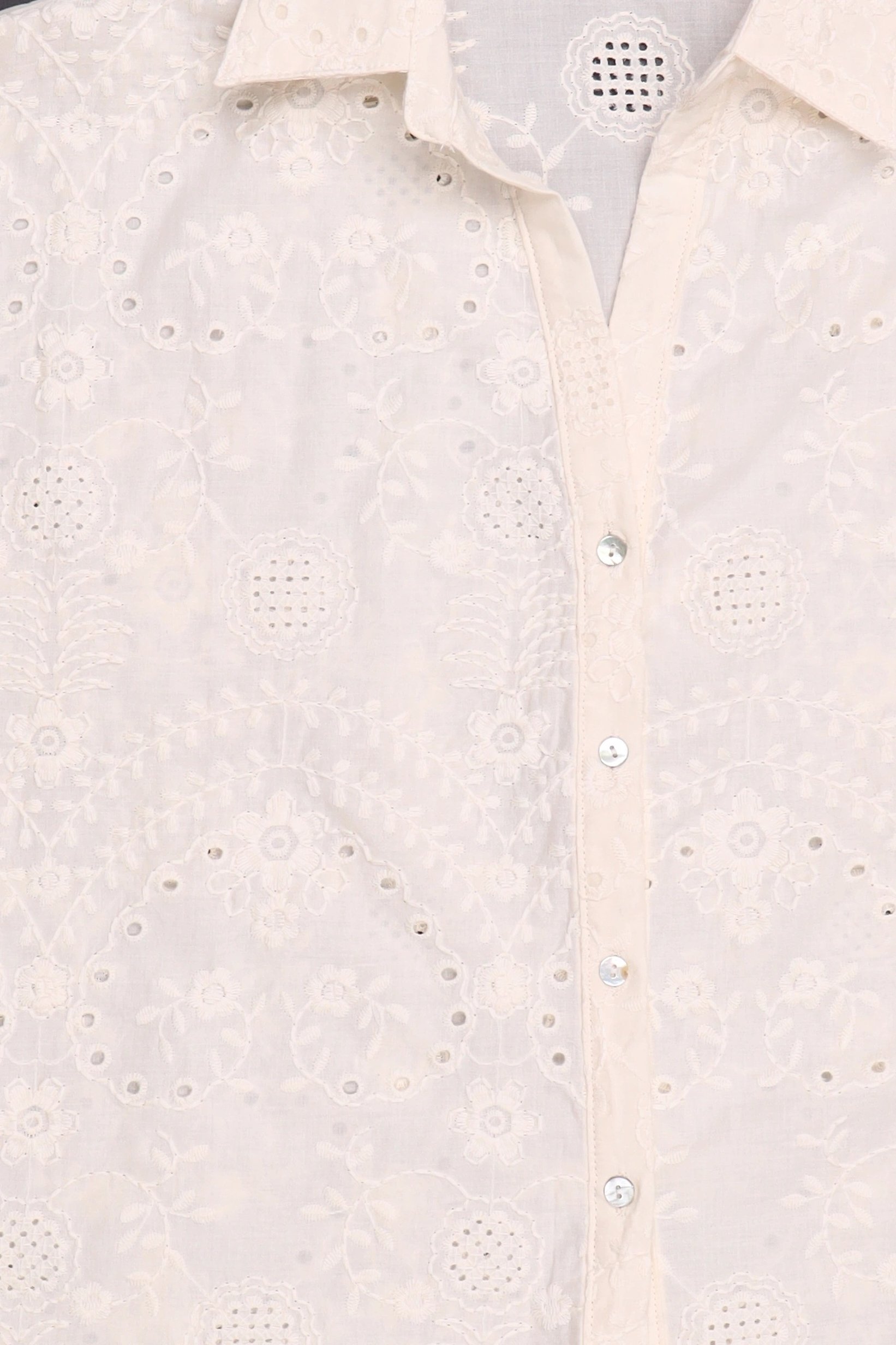 Women Regular Fit Eyelet Short Sleeve Shirt, Cream