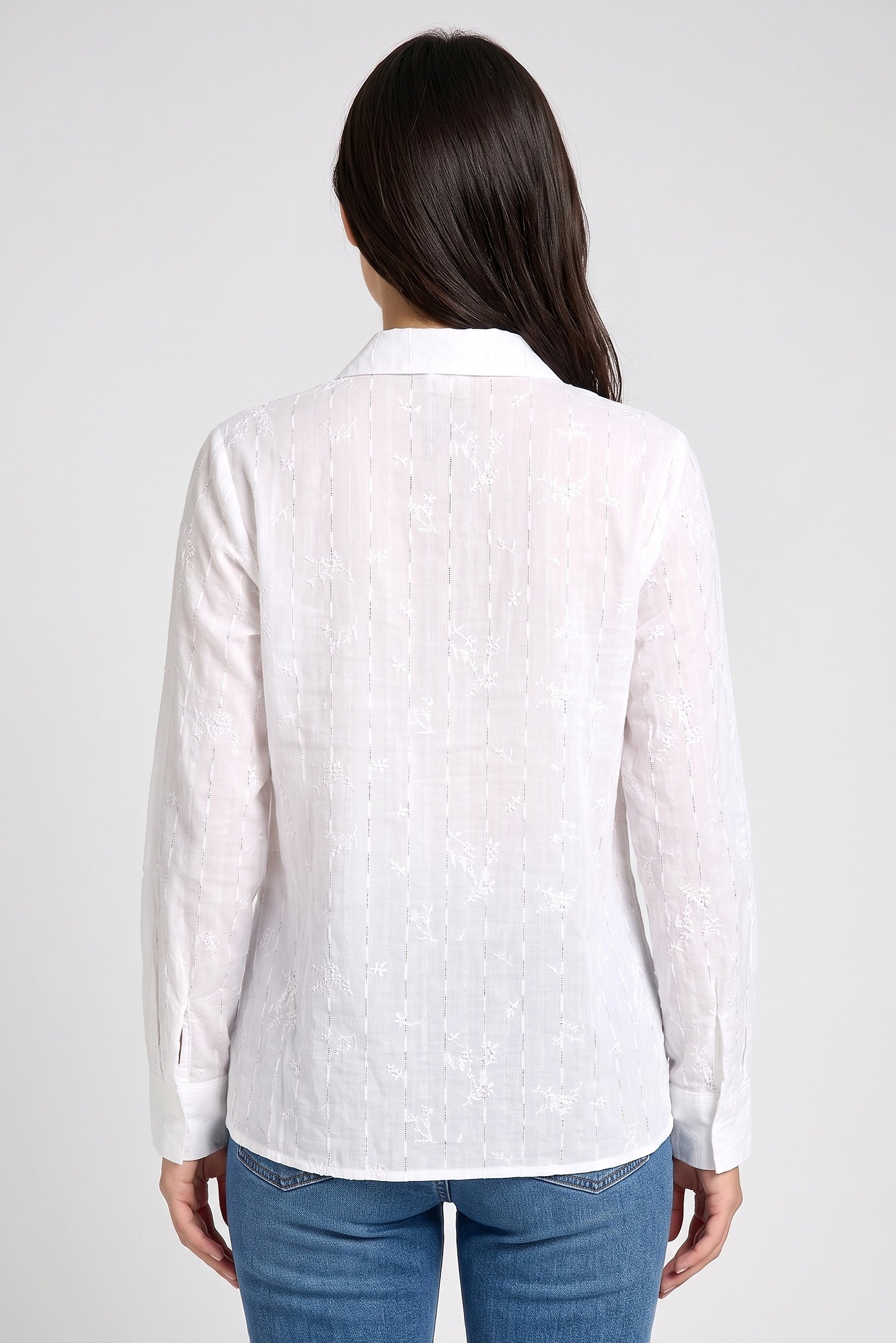 Women Spread Neck Long Sleeve Embroidered Blouse, White