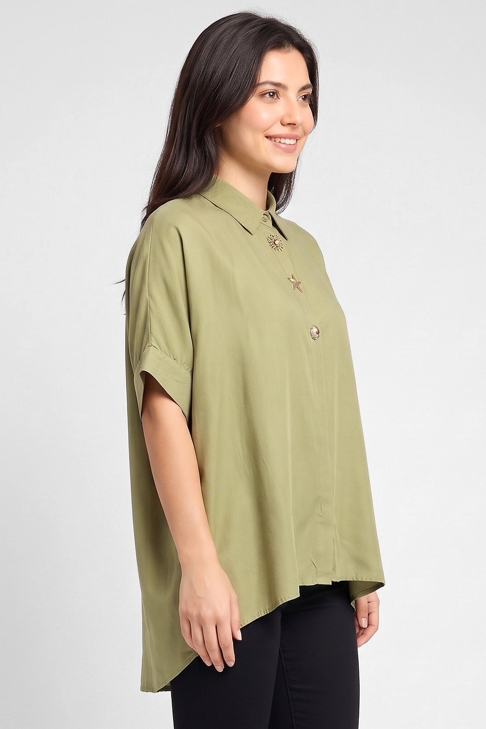 Women Spread Collar Solid Long Sleeve Shirt, Olive