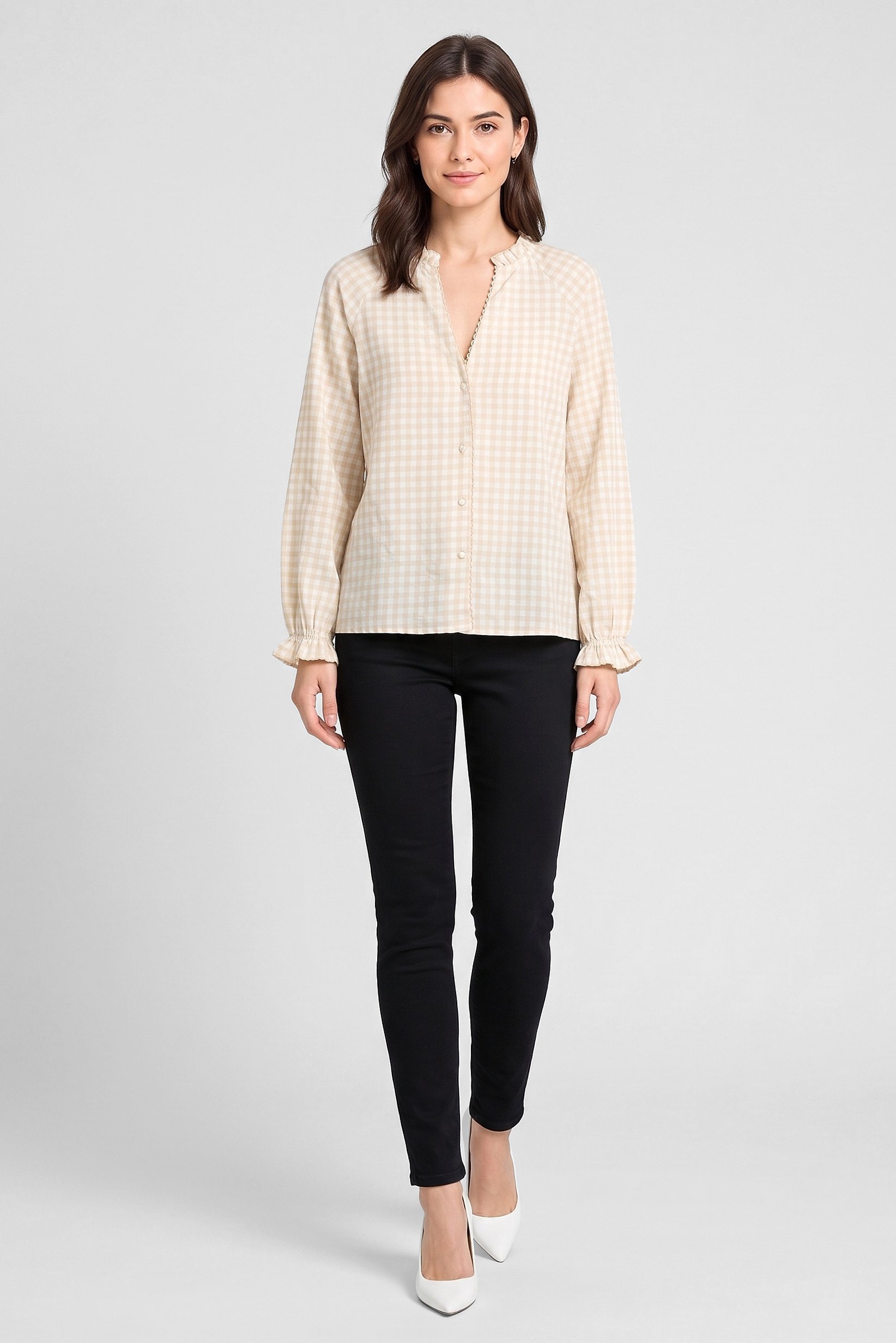 Women V-Neck Long Sleeve Checkered Shirt, Multicolor