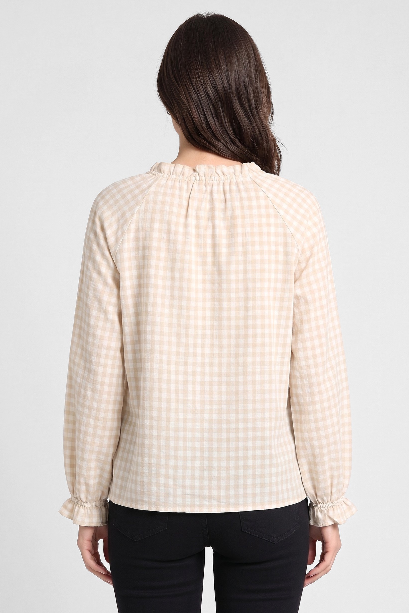 Women V-Neck Long Sleeve Checkered Shirt, Multicolor