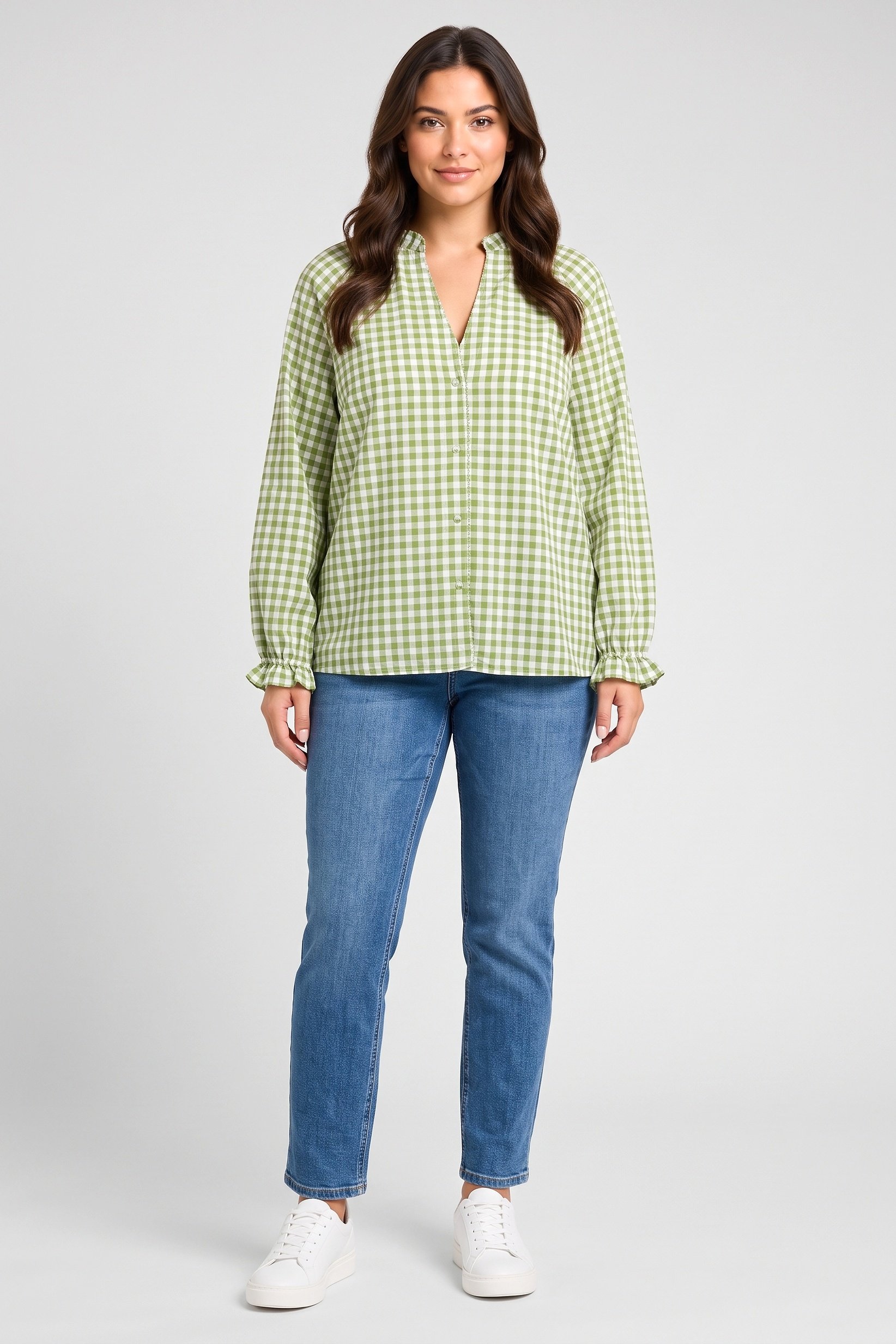 Women V-Neck Long Sleeve Gingham Print Blouse, Multicolor