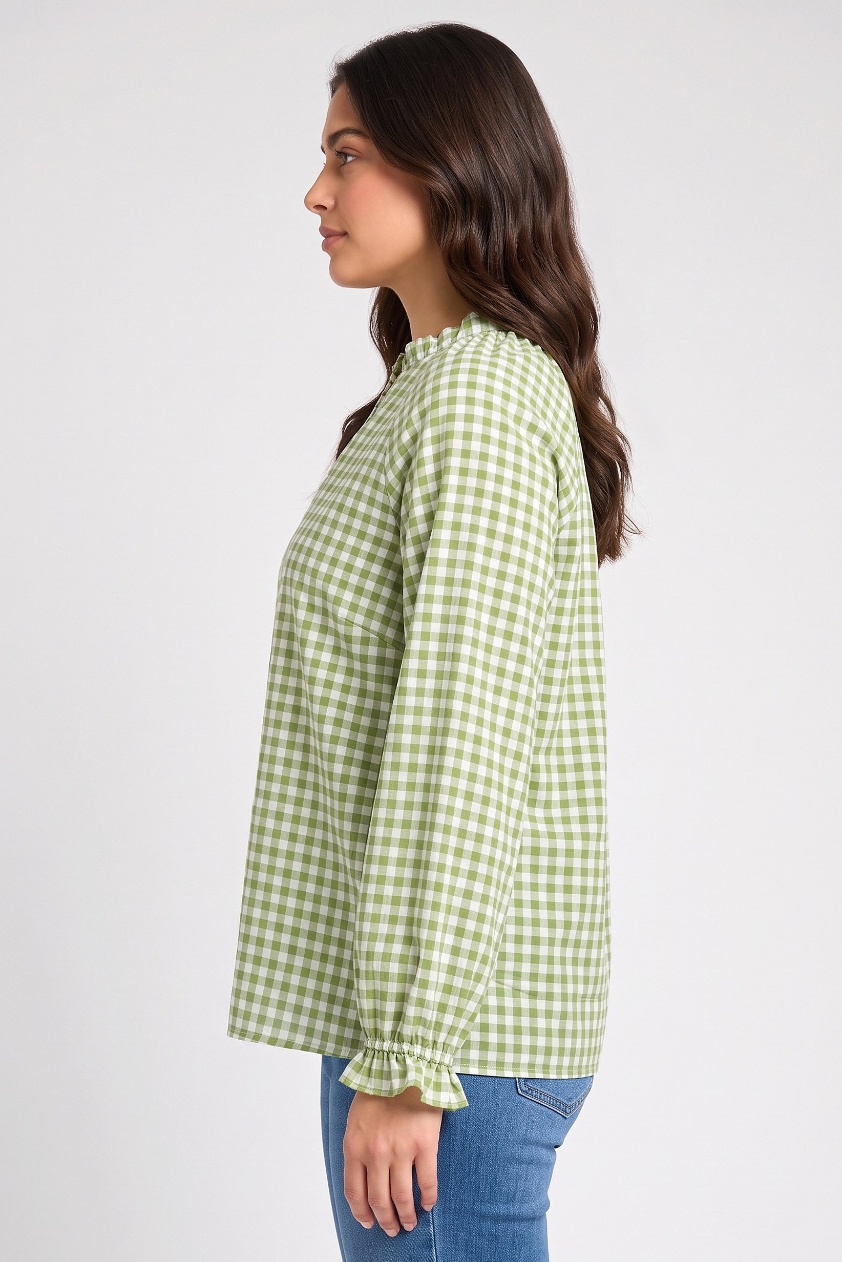 Women V-Neck Long Sleeve Gingham Print Blouse, Multicolor