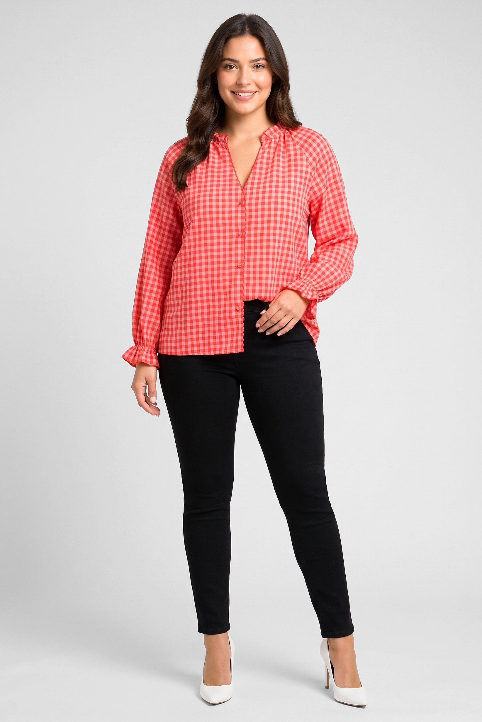 Women V-Neck Long Sleeve Plaid Shirt, Multicolor