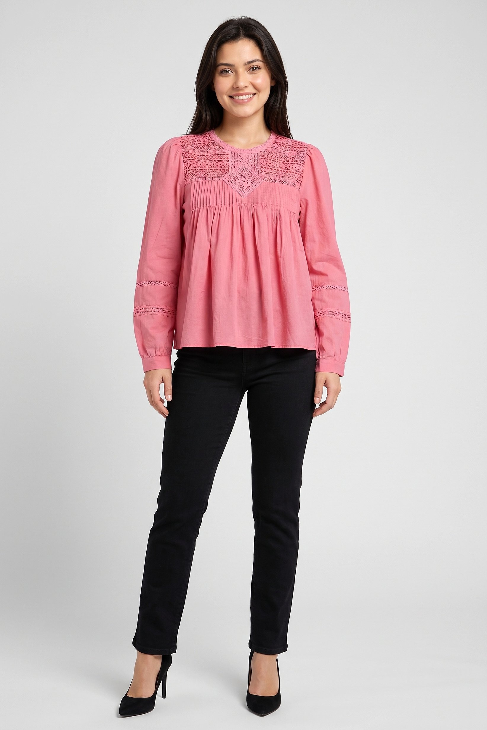 Women Crew Neck Long Sleeve Textured Top, Pink