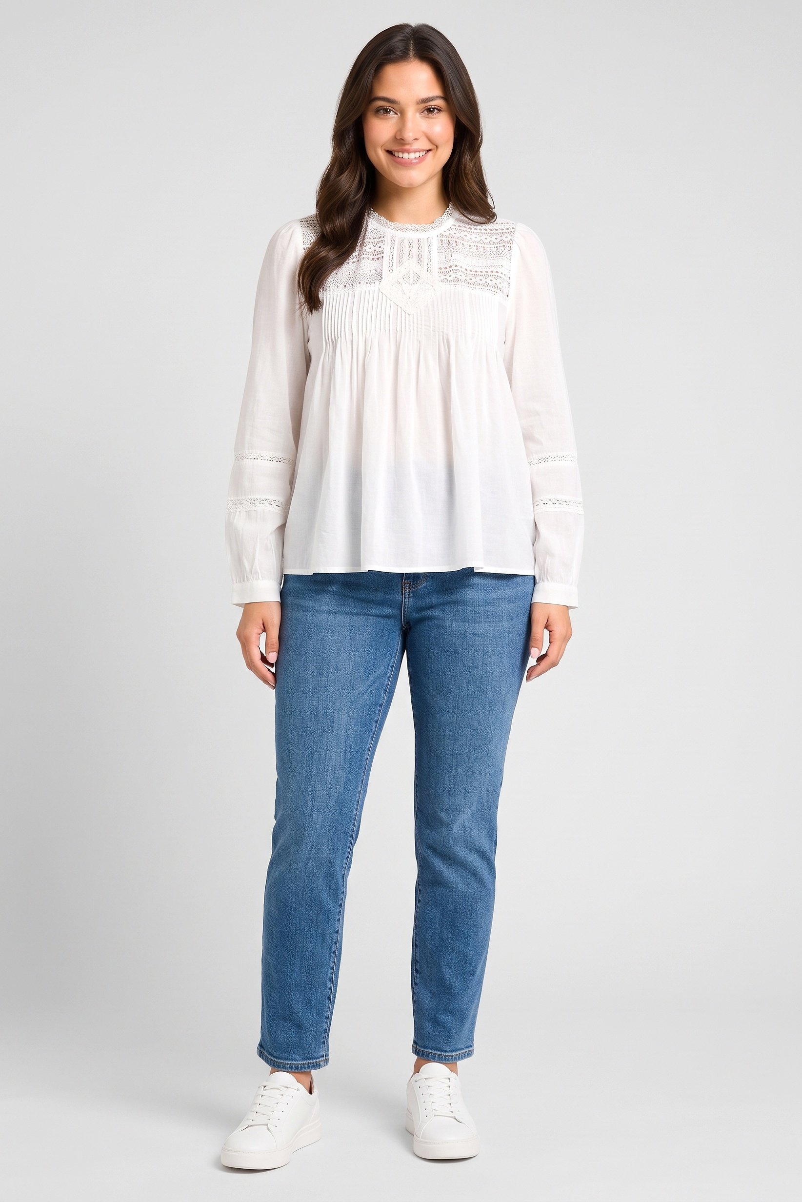 Women Crew Neck Long Sleeve Textured Blouse, White