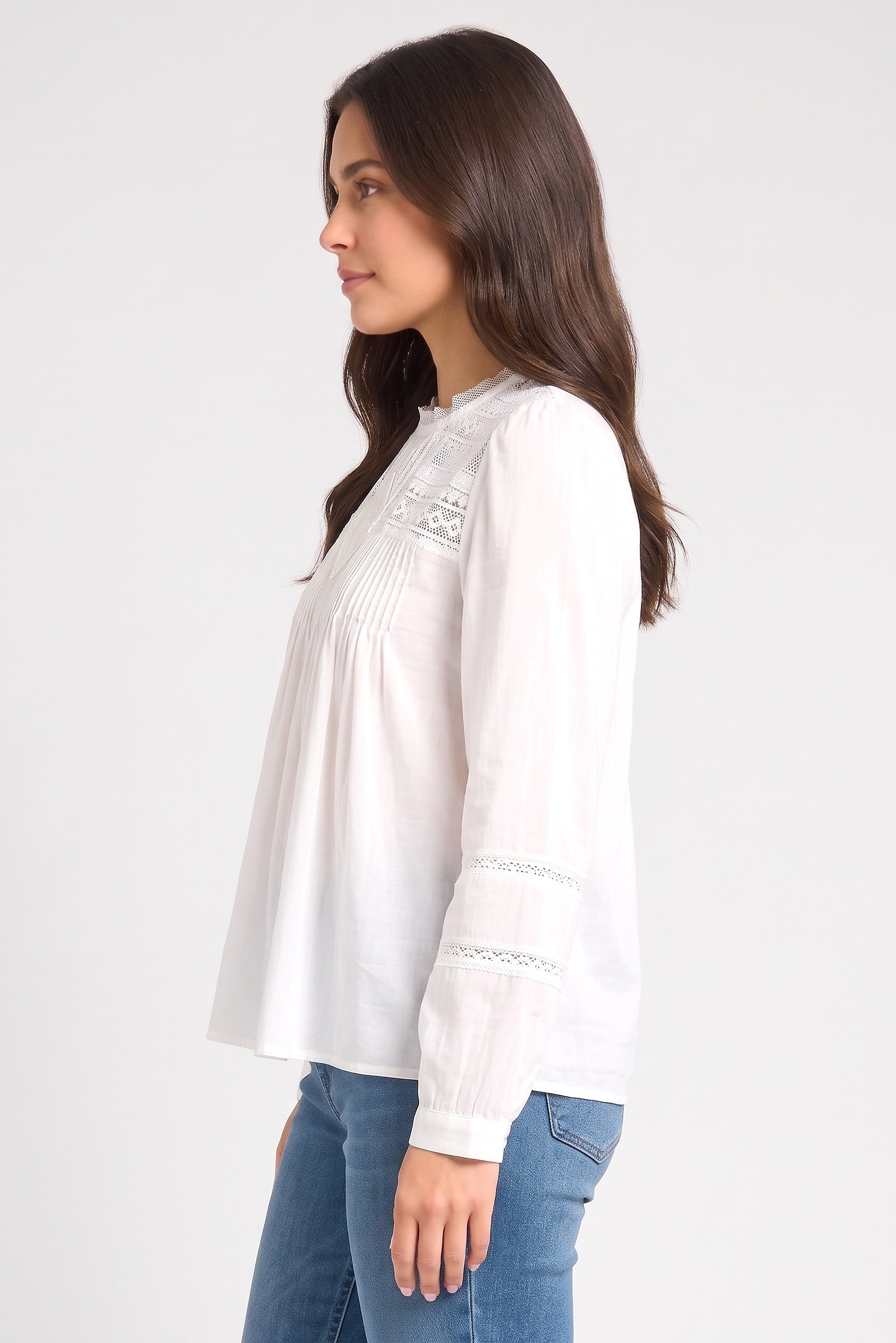 Women Crew Neck Long Sleeve Textured Blouse, White