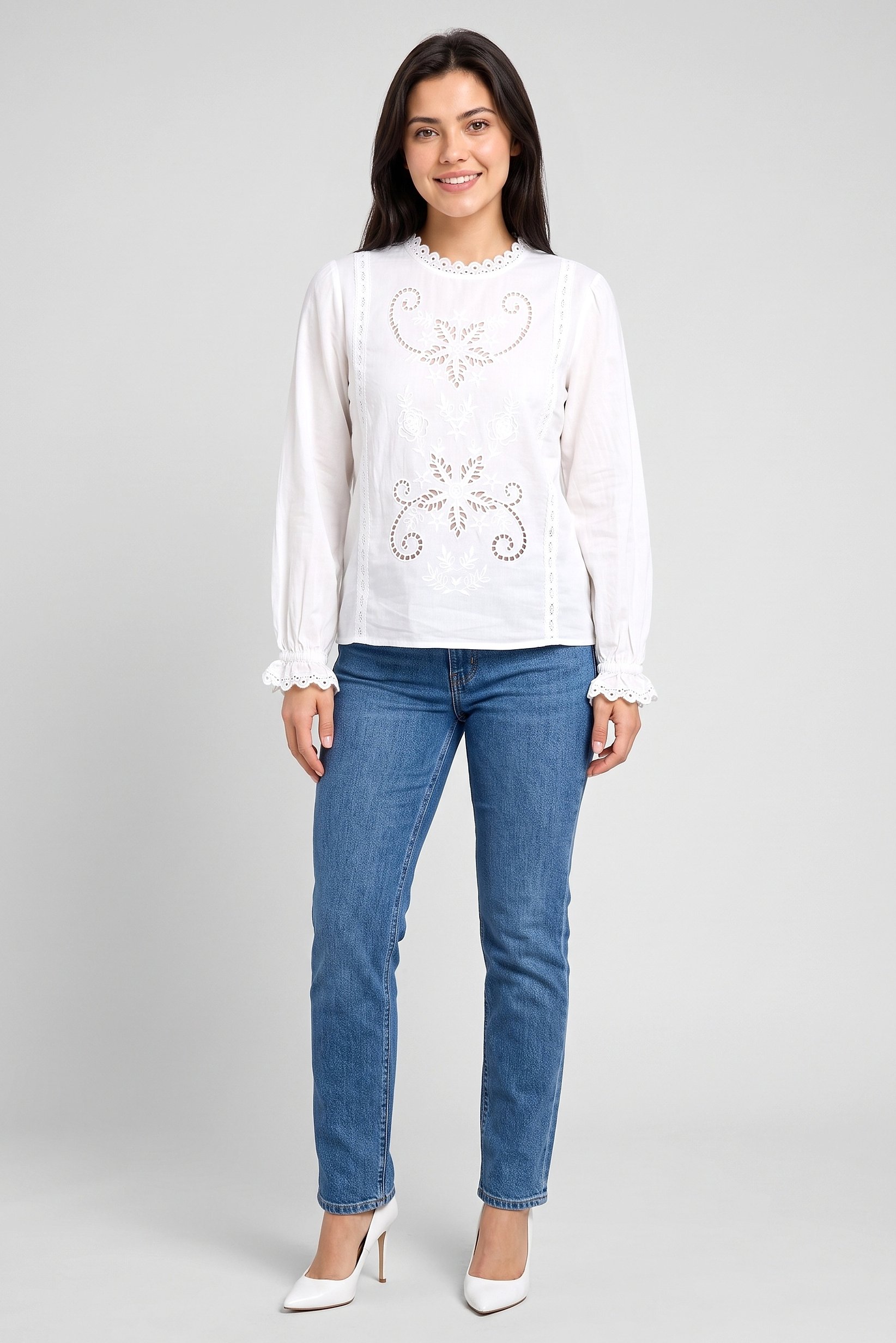 Women Ruffle Neck Long Sleeve Eyelet Blouse, White