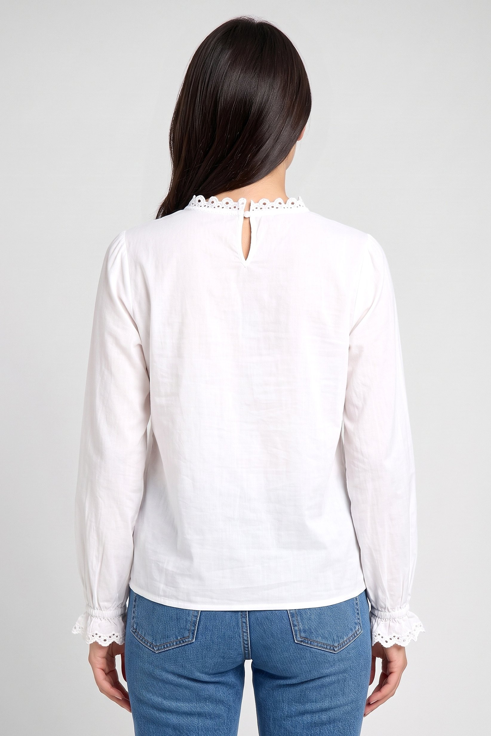 Women Ruffle Neck Long Sleeve Eyelet Blouse, White