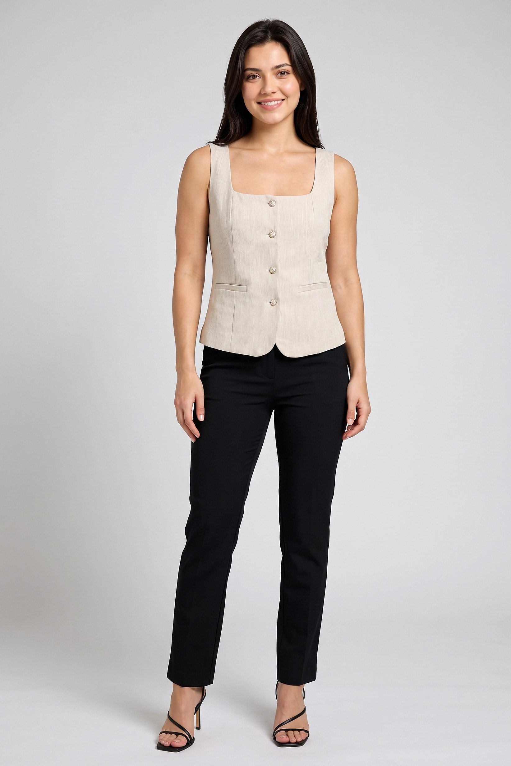 Women Square Neck Sleeveless Micro Stripe Tank Top, Beige