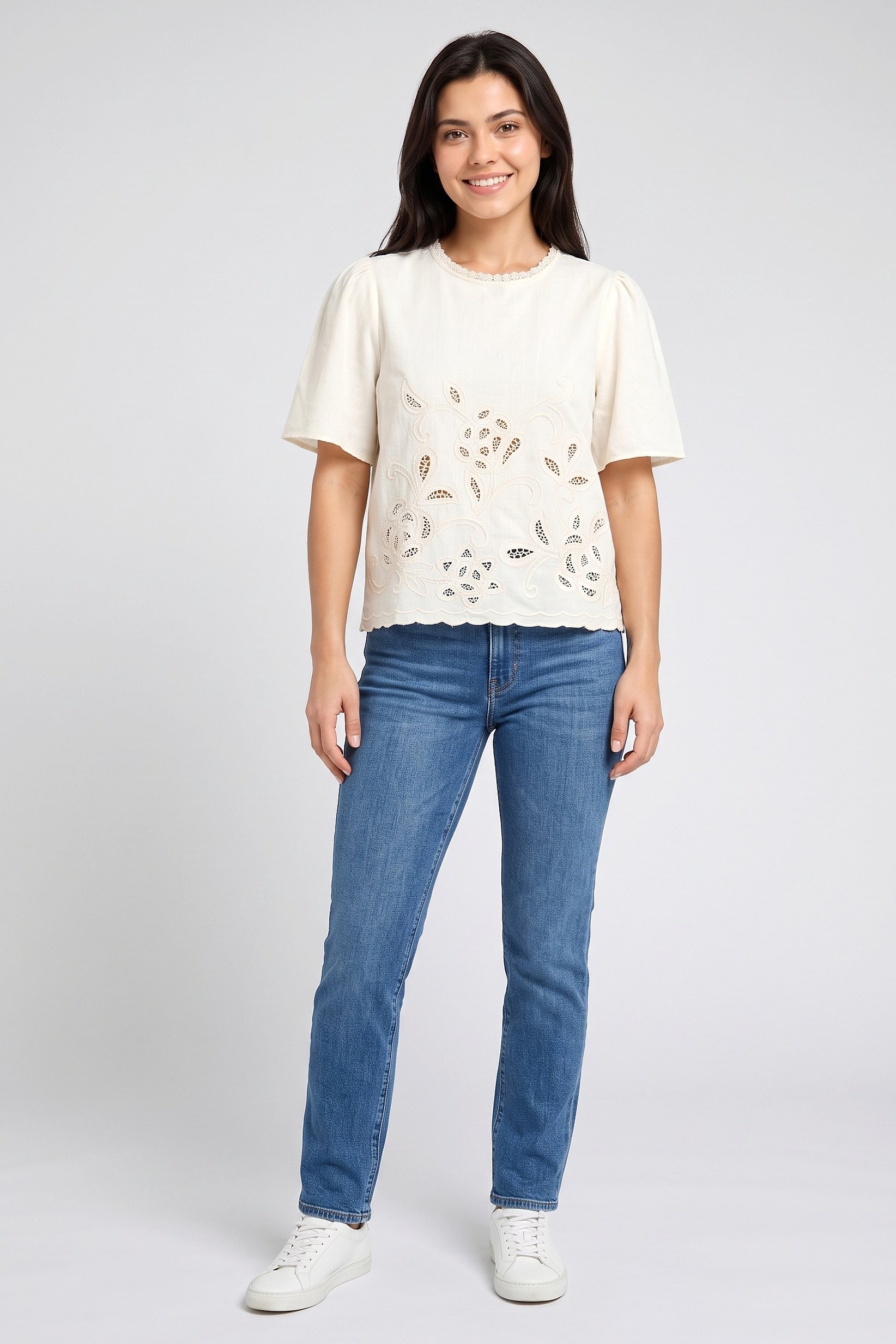 Women Round Neck Embroidered Short Sleeve Top, Cream