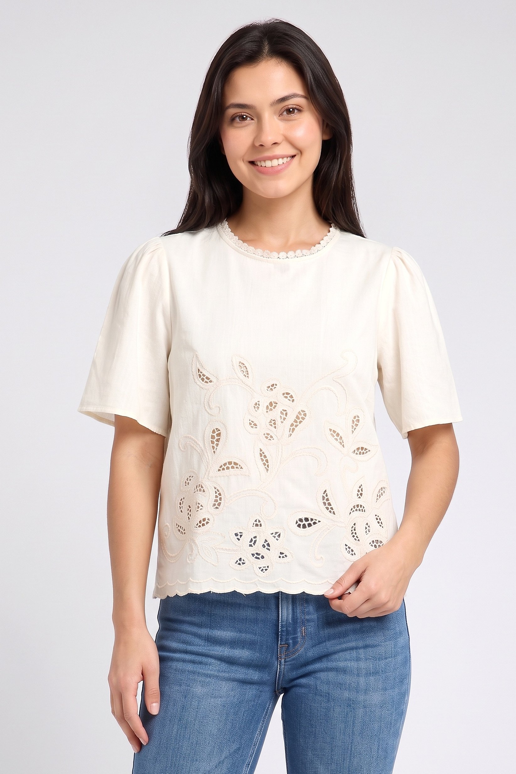 Women Round Neck Embroidered Short Sleeve Top, Cream