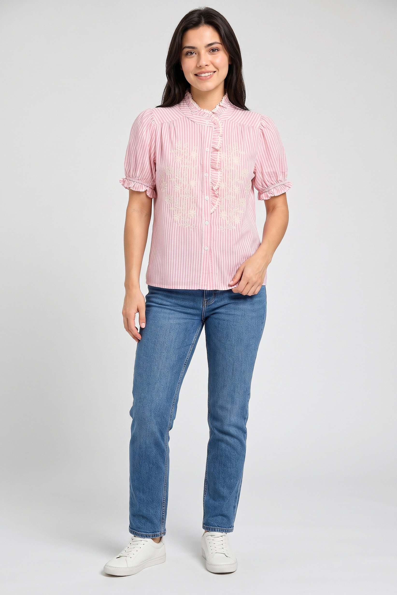 Women Mock Neck Short Sleeve Stripe Blouse, Multicolor