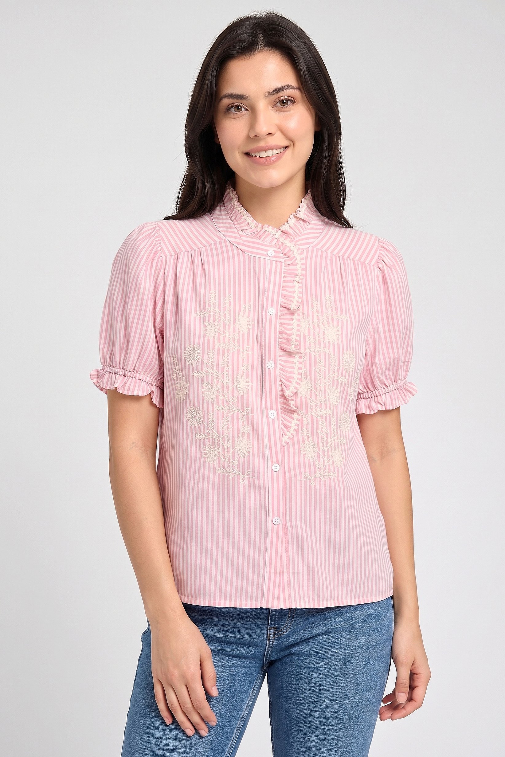 Women Mock Neck Short Sleeve Stripe Blouse, Multicolor